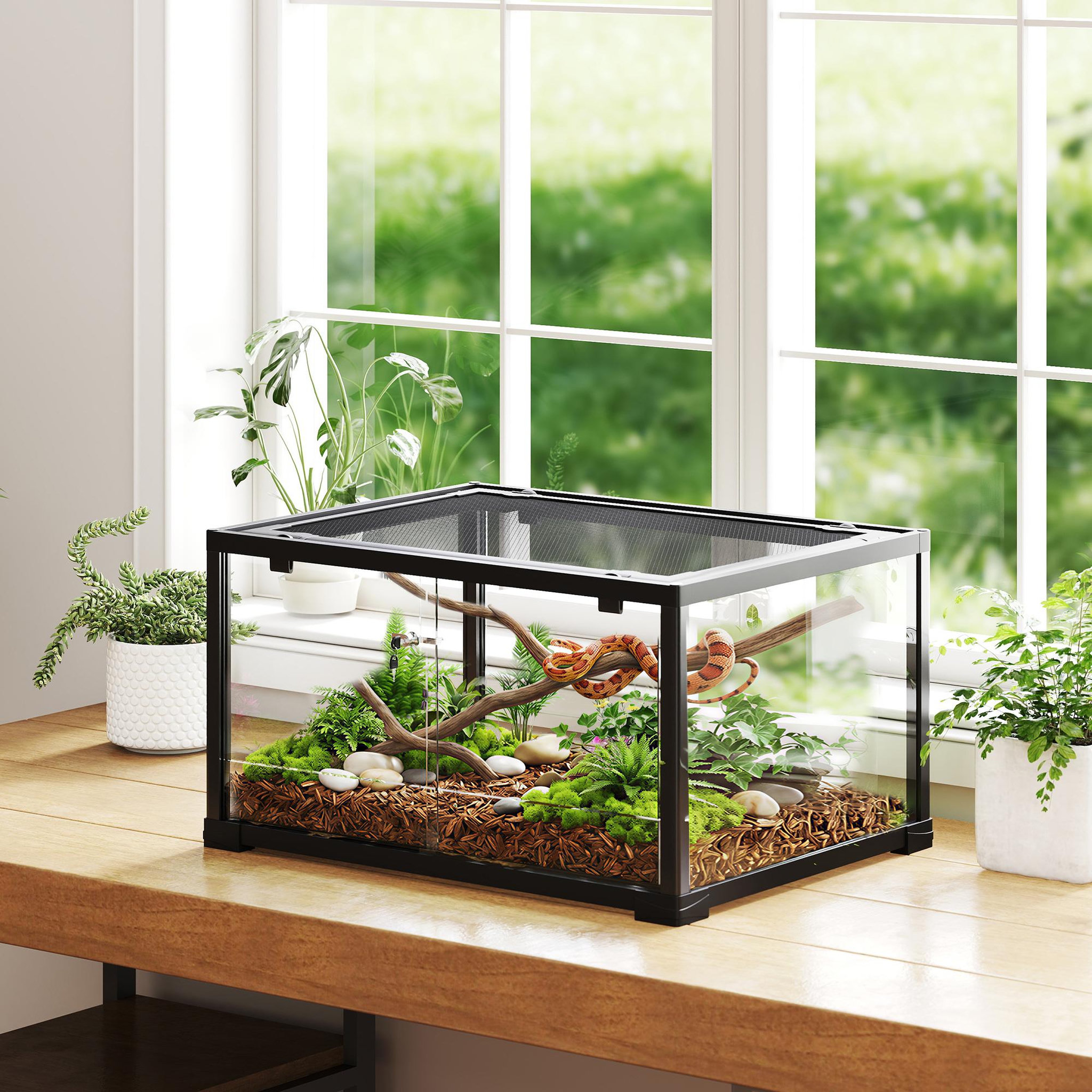 Voir la diapositive 2 : PAWHUT Terrarium 86L - toit maillé et porte coulissante verrouillable - 50x30x35cm - alu noir verre