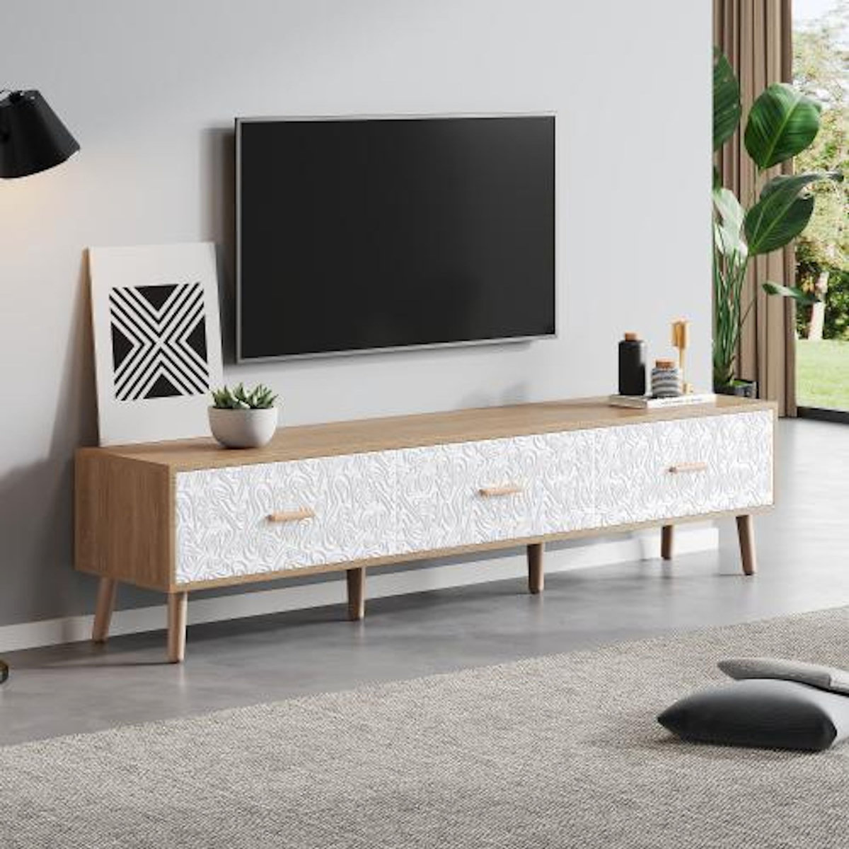 MERAX Meuble tv naturel+blanc 150 cm panneau de particules