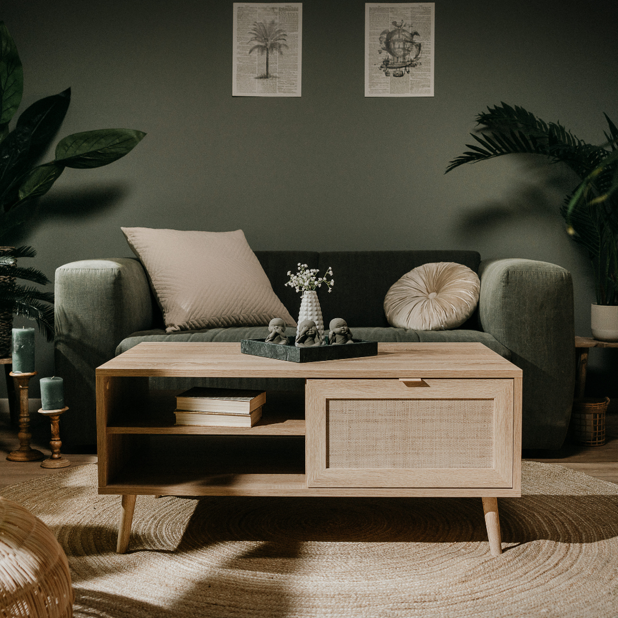 Voir la diapositive 2 : CONCEPT USINE Table basse en bois avec rangement effet cannage TIVAT