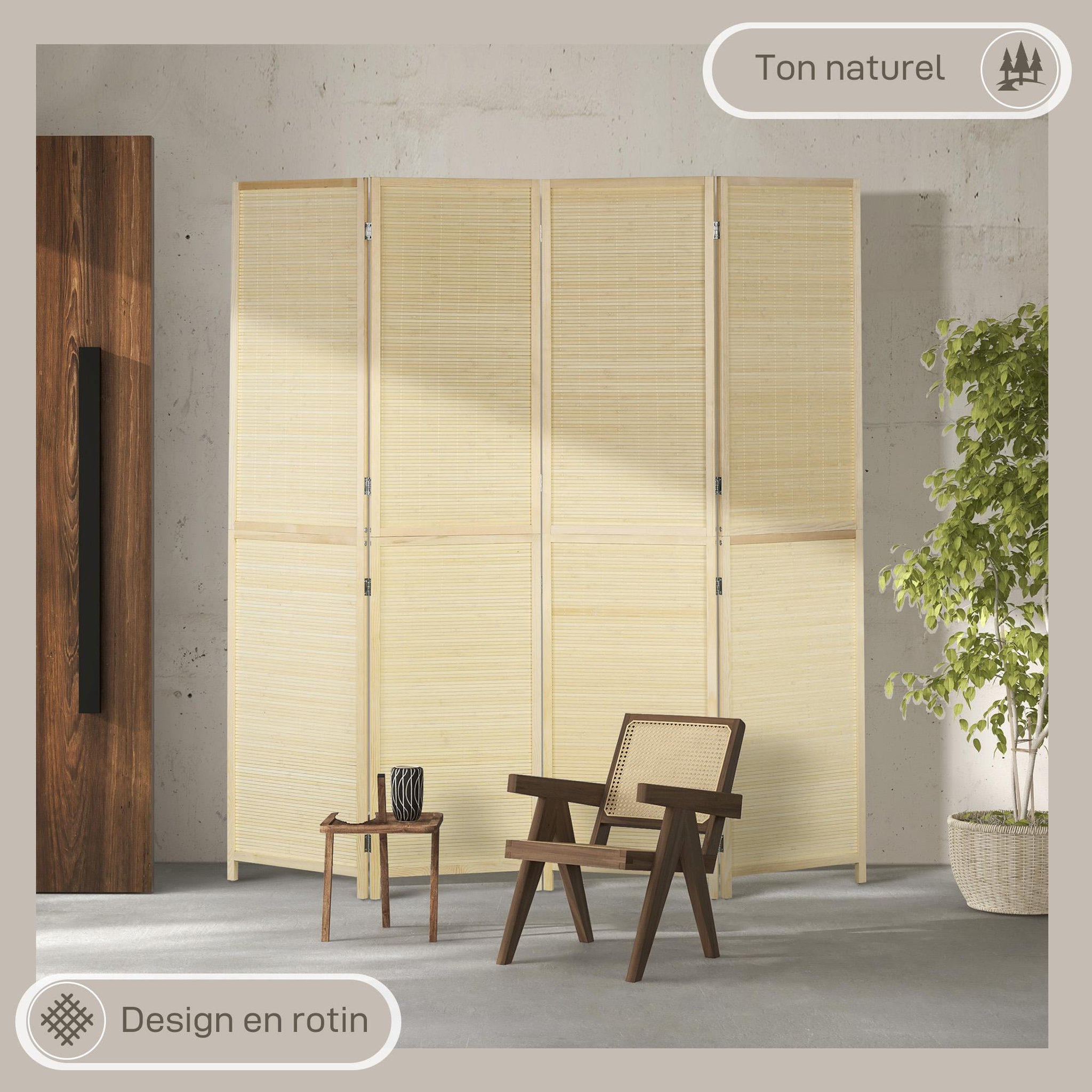 Voir la diapositive 5 : HOMCOM Paravent séparateur de pièce 4 panneaux pliables dim. 180L x 180H cm bois de bambou