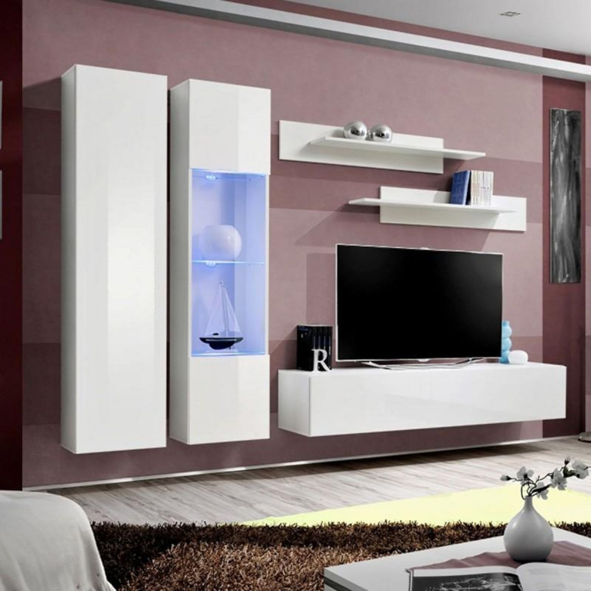Paris Prix Meuble TV Mural Design  Fly V  260cm Blanc