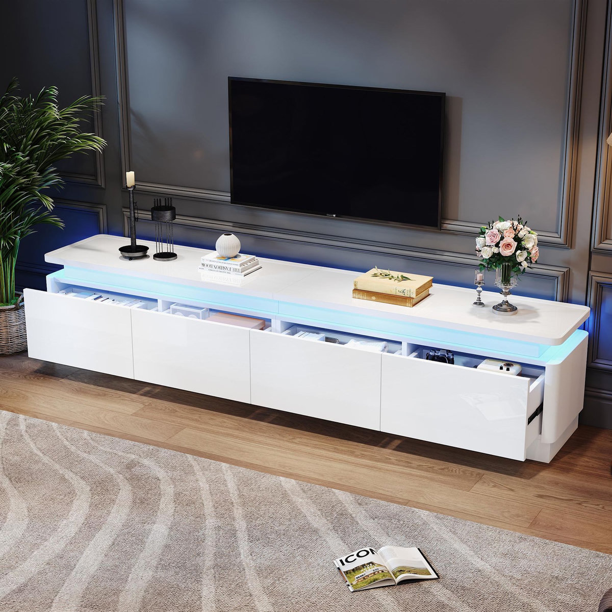 MERAX Meuble tv blanc 180 cm led panneau de particules