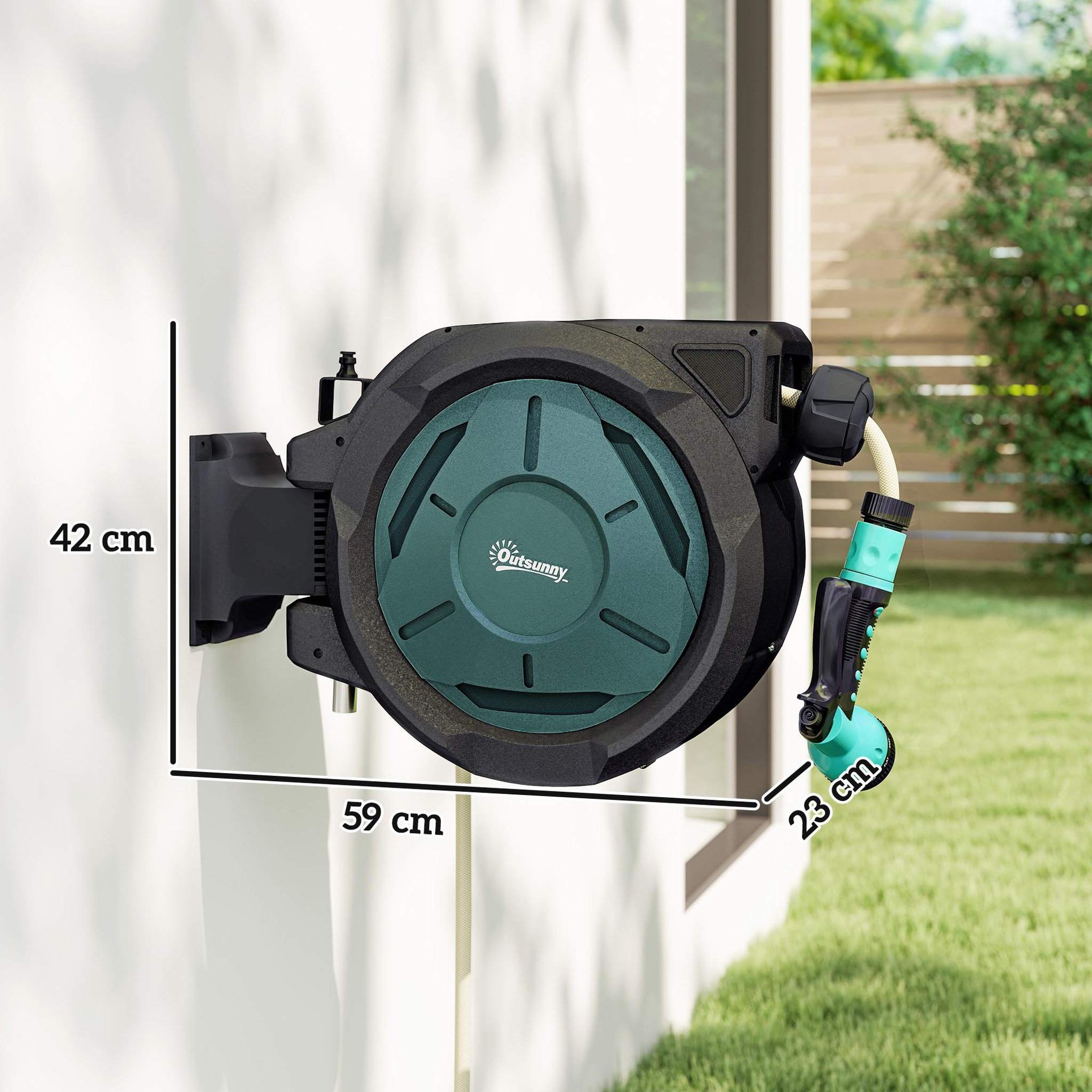 Voir la diapositive 3 : OUTSUNNY Dévidoir mural enrouleur automatique pivotant 180° tuyau 25+2m avec pistolet arrosage support mural intégré vert noir