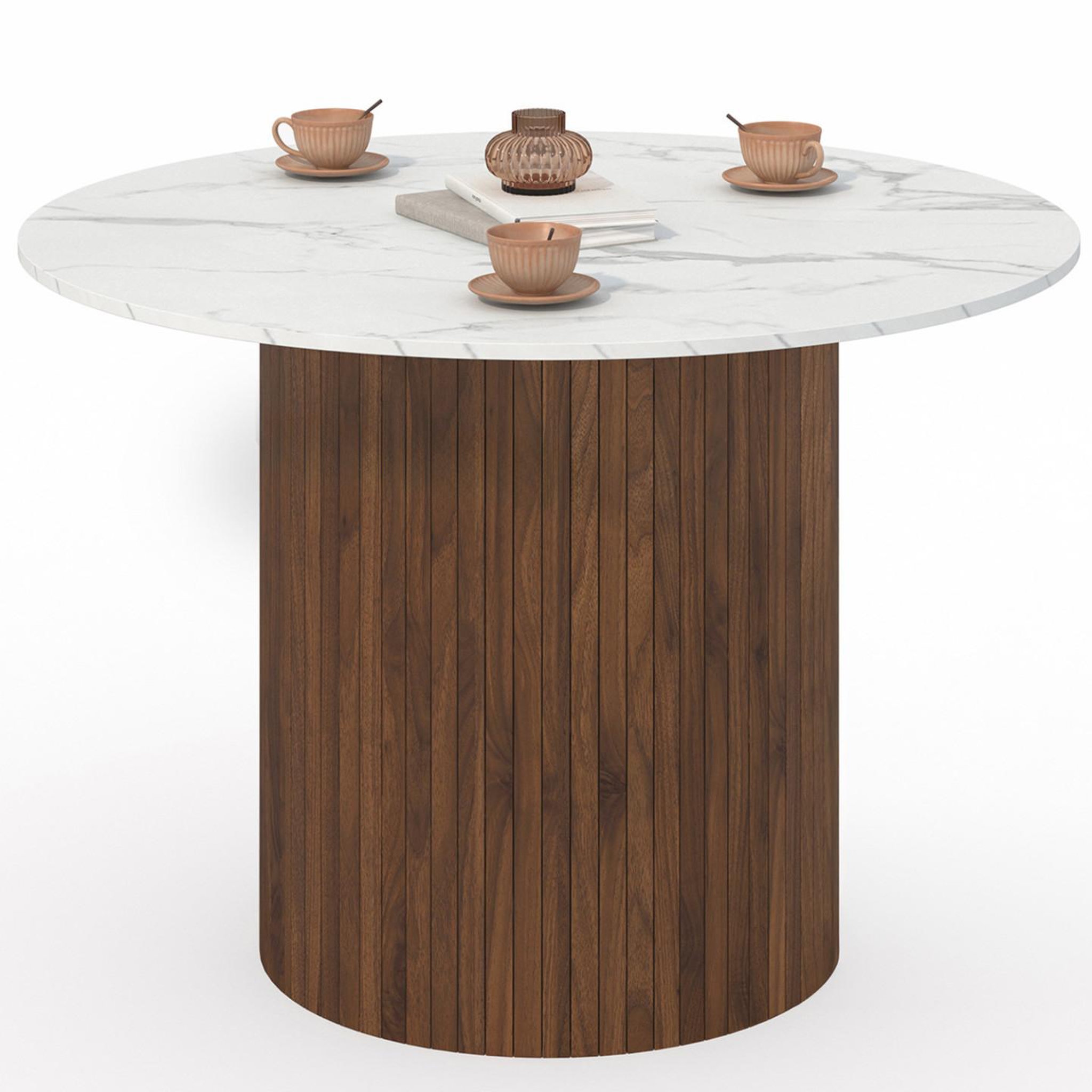 ID MARKET Table à manger ronde juliette 6 personnes pied central effet lattes noyer et plateau effet marbre blanc alaska 110 cm