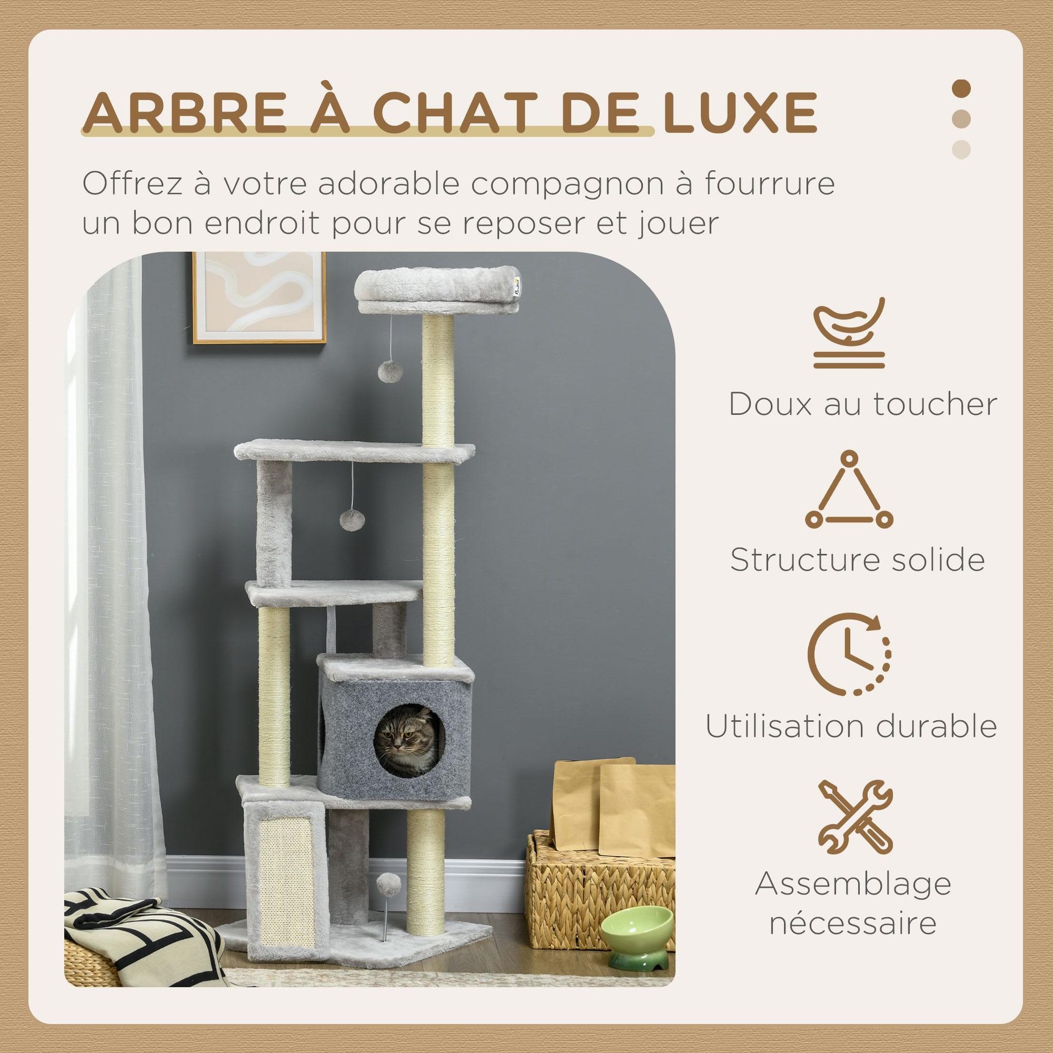 Voir la diapositive 4 : PAWHUT Arbre à chat multi-équipement griffoirs grattoirs plateformes niche panier jeu boules gris