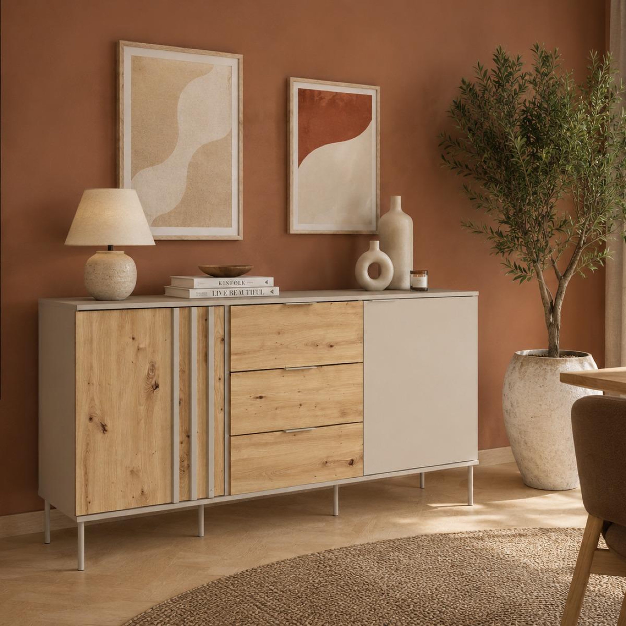 Voir la diapositive 2 : JLC KREATION Buffet bas moderne beige et bois 165cm irina