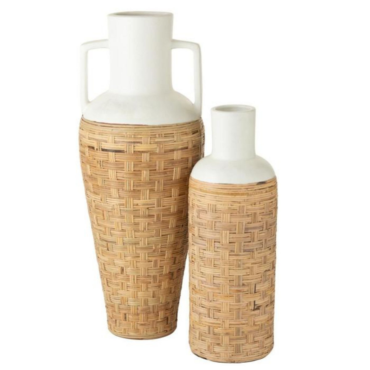 Paris Prix Vase Amphore avec Tissage Rotin  Bali  100cm Blanc & Naturel