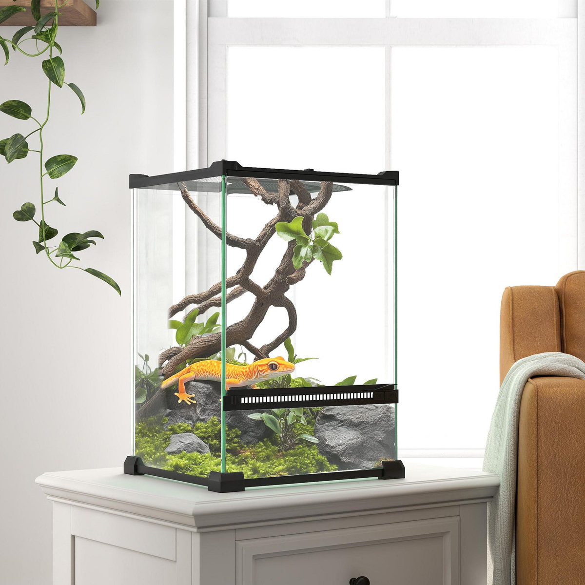 PAWHUT Terrarium vivarium en verre 12L couvercle maille métallique porte noir