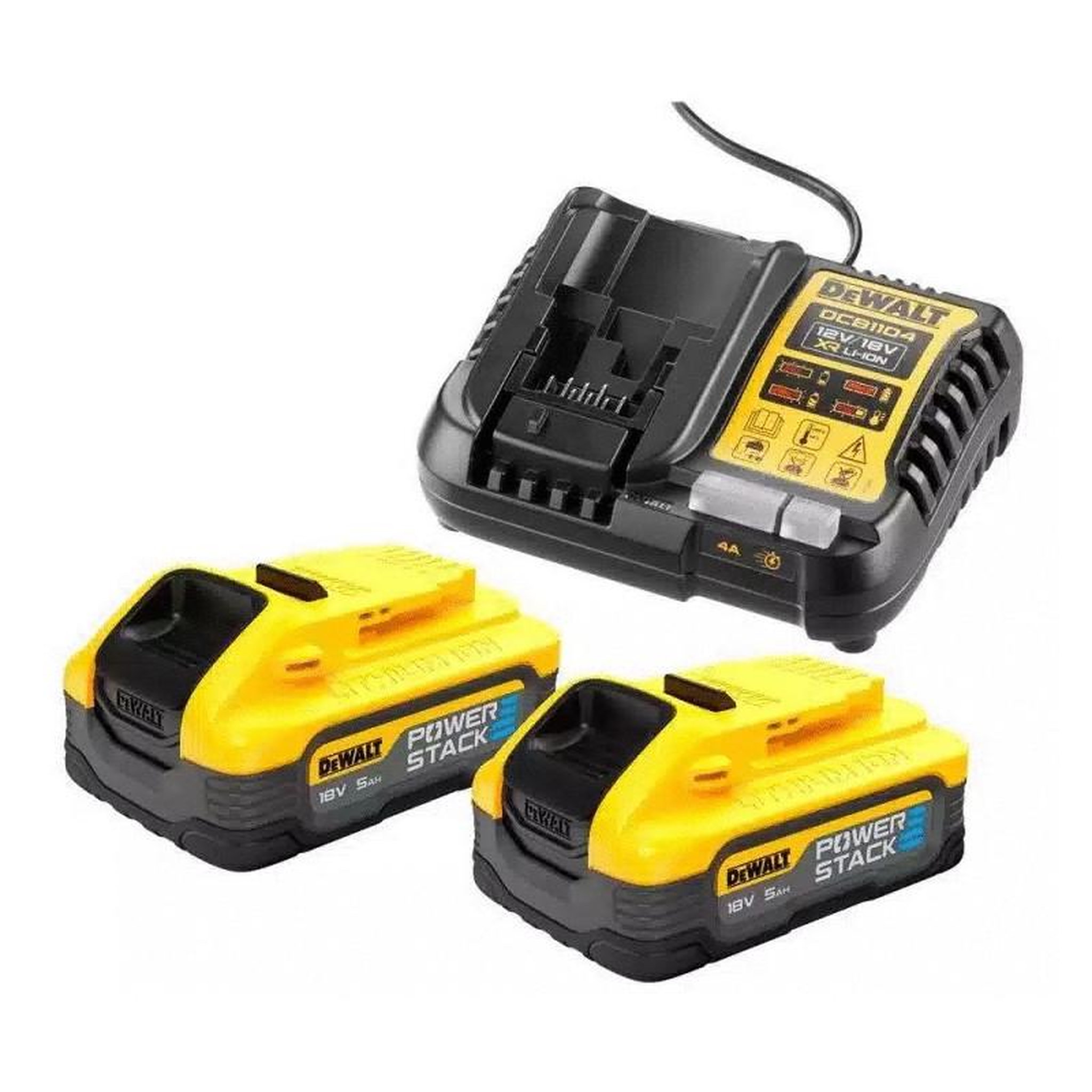 Dewalt Pack 2 batteries 18V POWERSTACK XR 5Ah LI ION + chargeur DEWALT DCB1104H2 QW