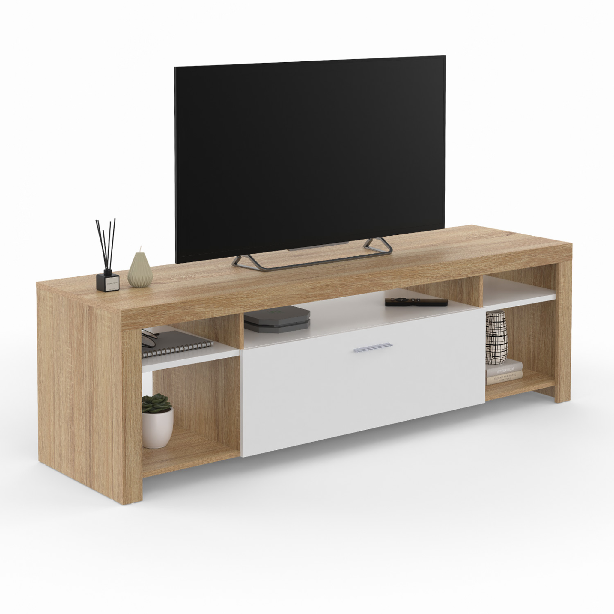 ID MARKET Meuble tv 140 cm malo bois et placard blanc