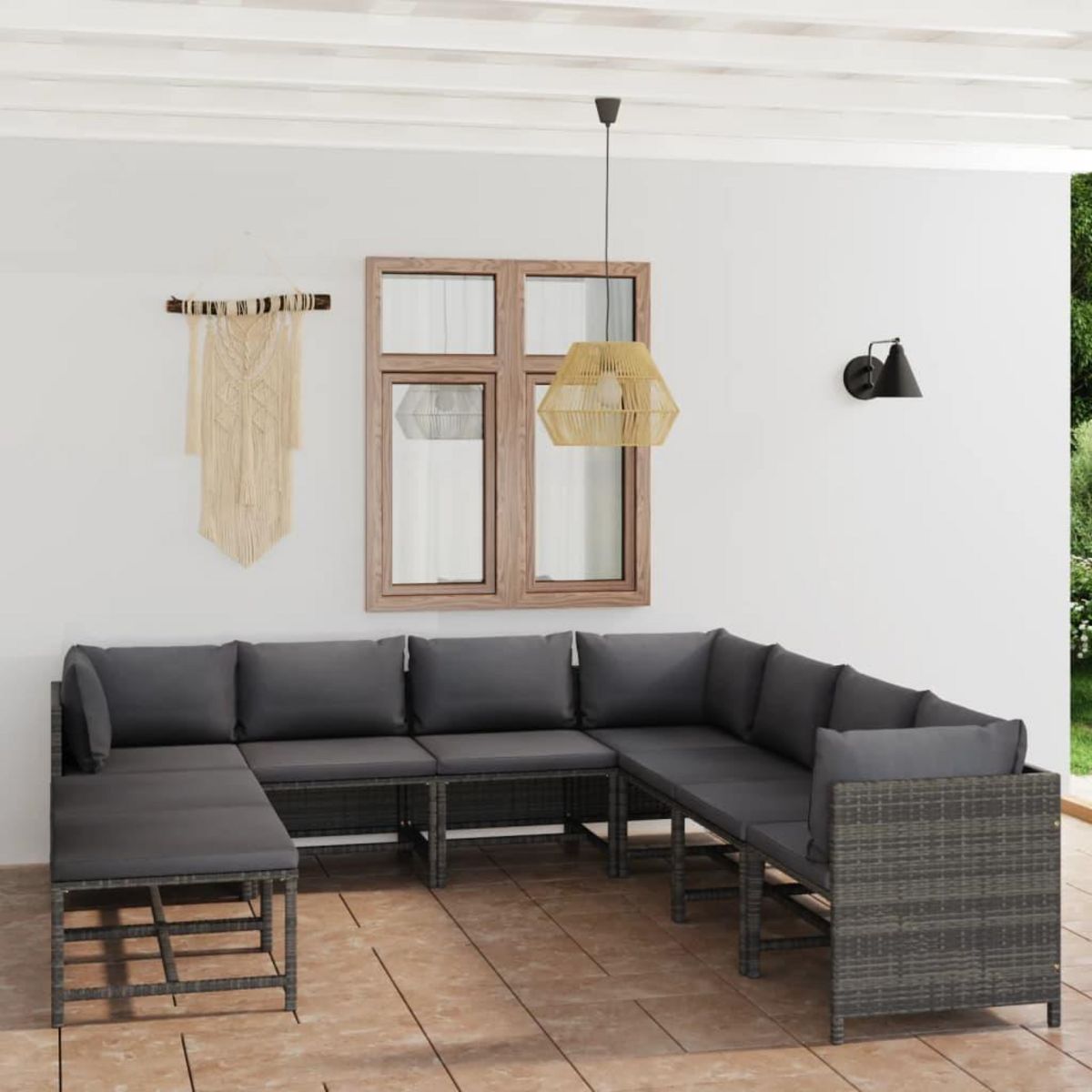 VIDAXL Salon de jardin 9 pcs avec coussins Resine tressee Gris