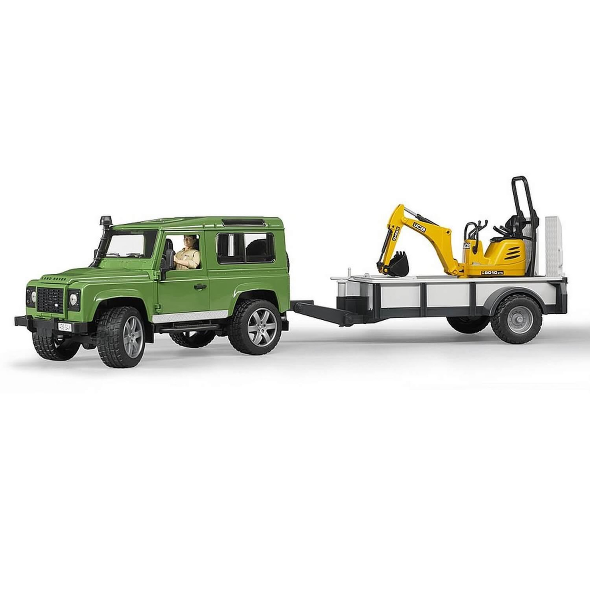 Voir la diapositive 3 : Bruder Land rover Defender avec remorque, JBC micro-pelleteuse et figurine