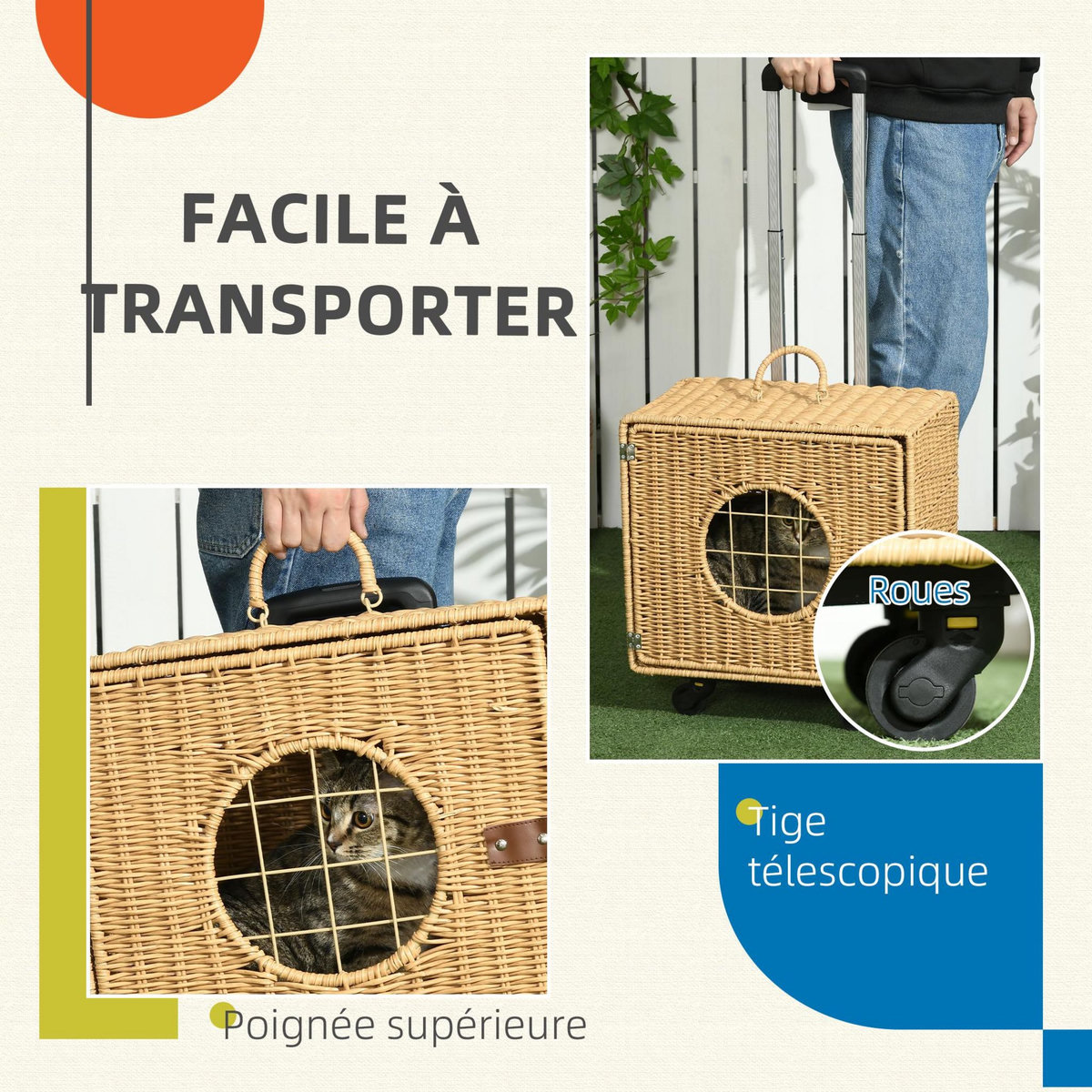 PAWHUT Caisse de transport pour chat - 4 roulettes, poignée télescopique, poignée, fenêtre, coussin - résine tressée aspect rotin