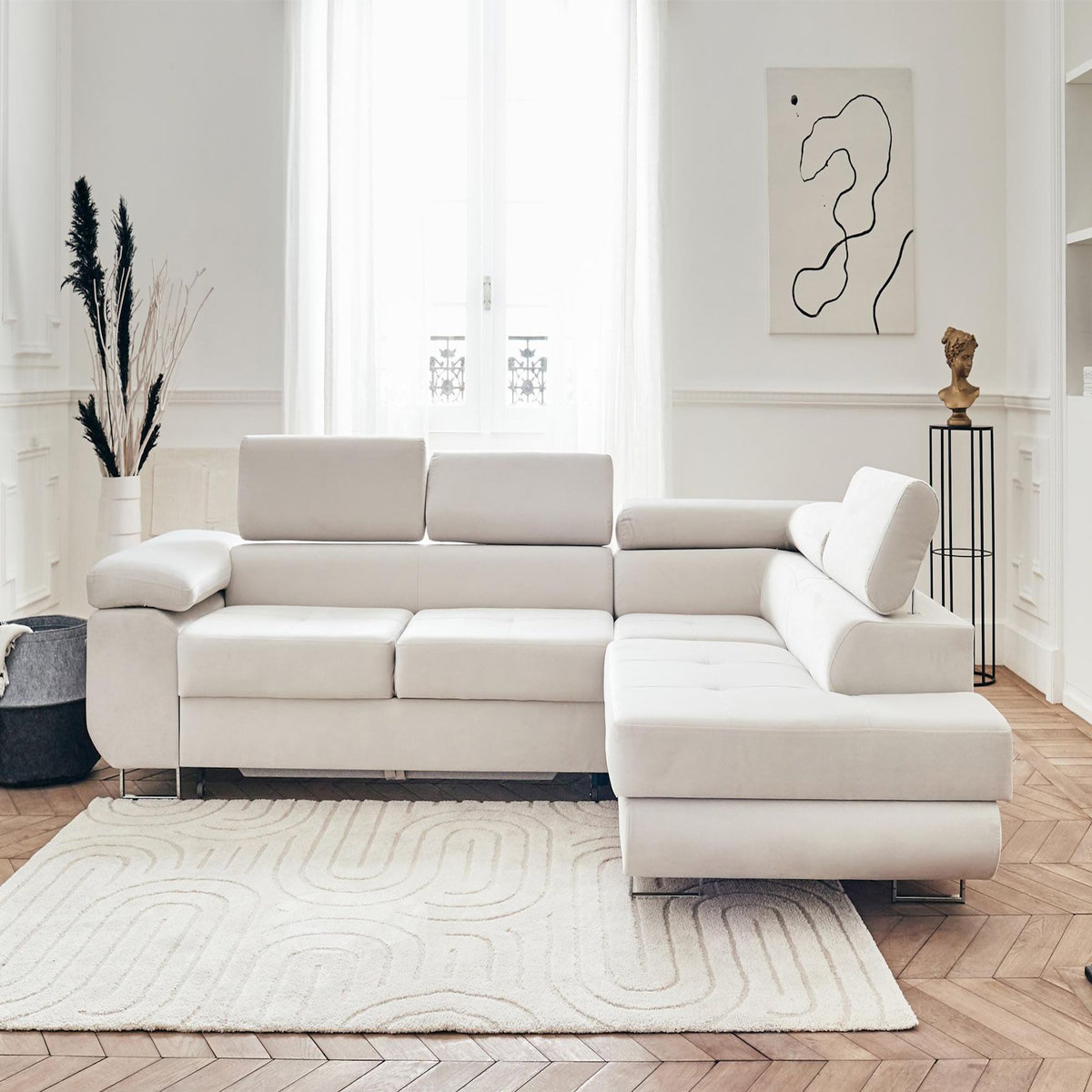 BEST MOBILIER Pablo - canapé d'angle droit - 5 places - convertible avec coffre et têtières réglables - en velours