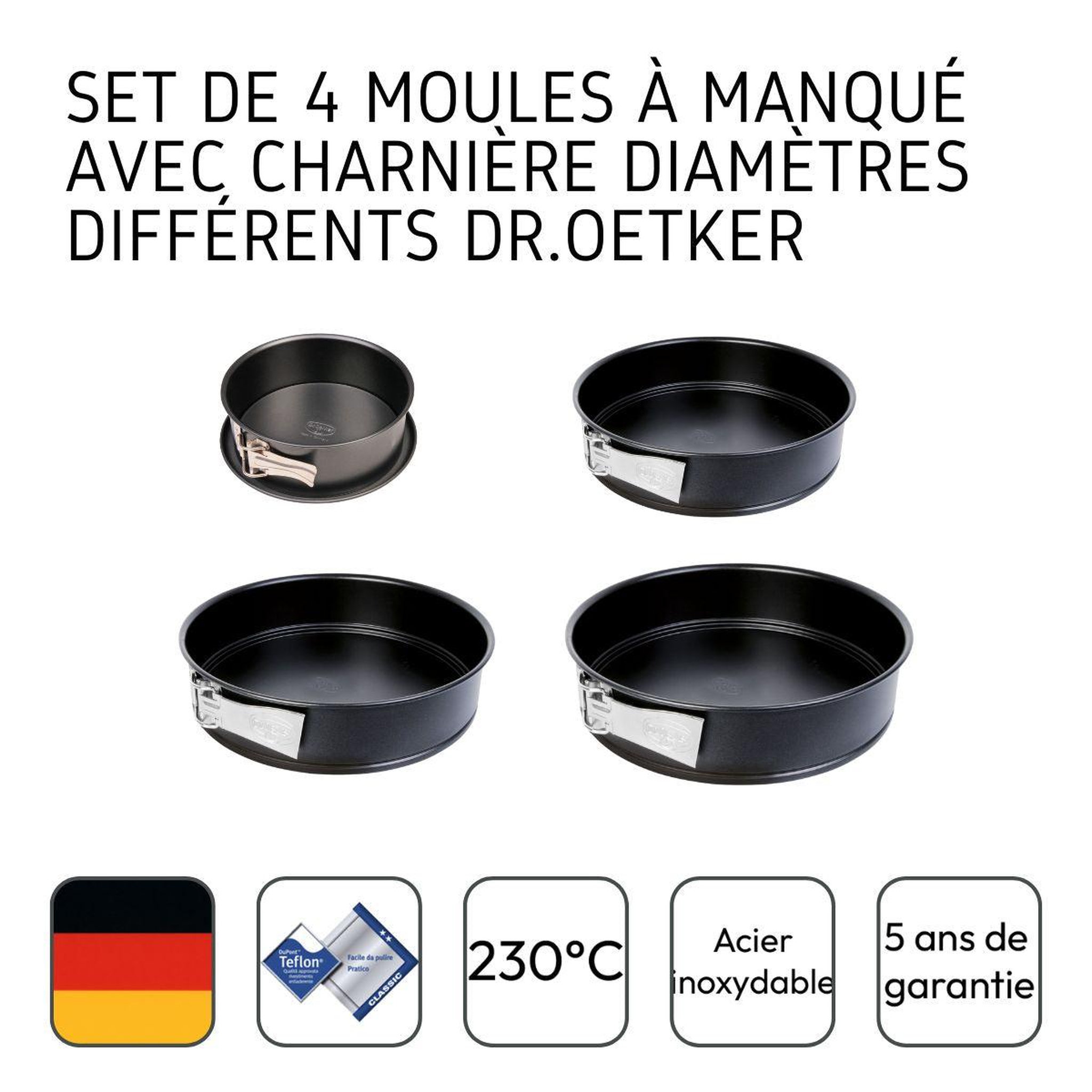 Voir la diapositive 4 : DR.OETKER Set de 4 moules à manqué à charnière 18 cm + 24 cm + 26 cm + 28 cm dr.oetker tradition