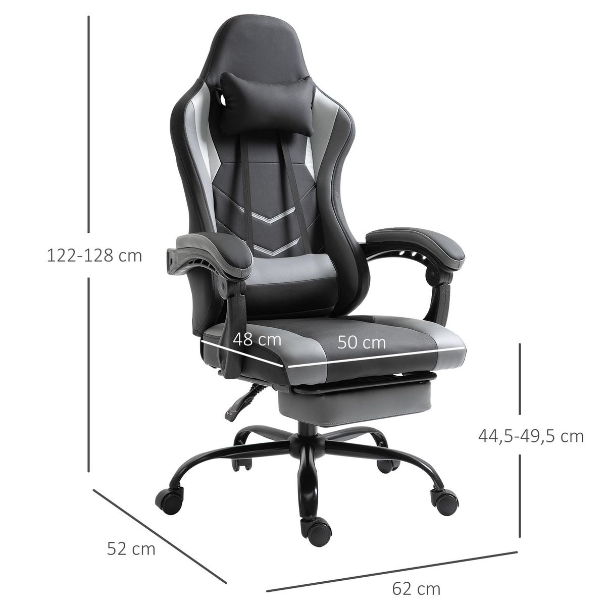 VINSETTO Vinsetto Fauteuil de bureau gamer style baquet racing - pivotant, inclinable - coussin lombaire, tétière, repose-pieds inclus - revêtement synthétique gris noir