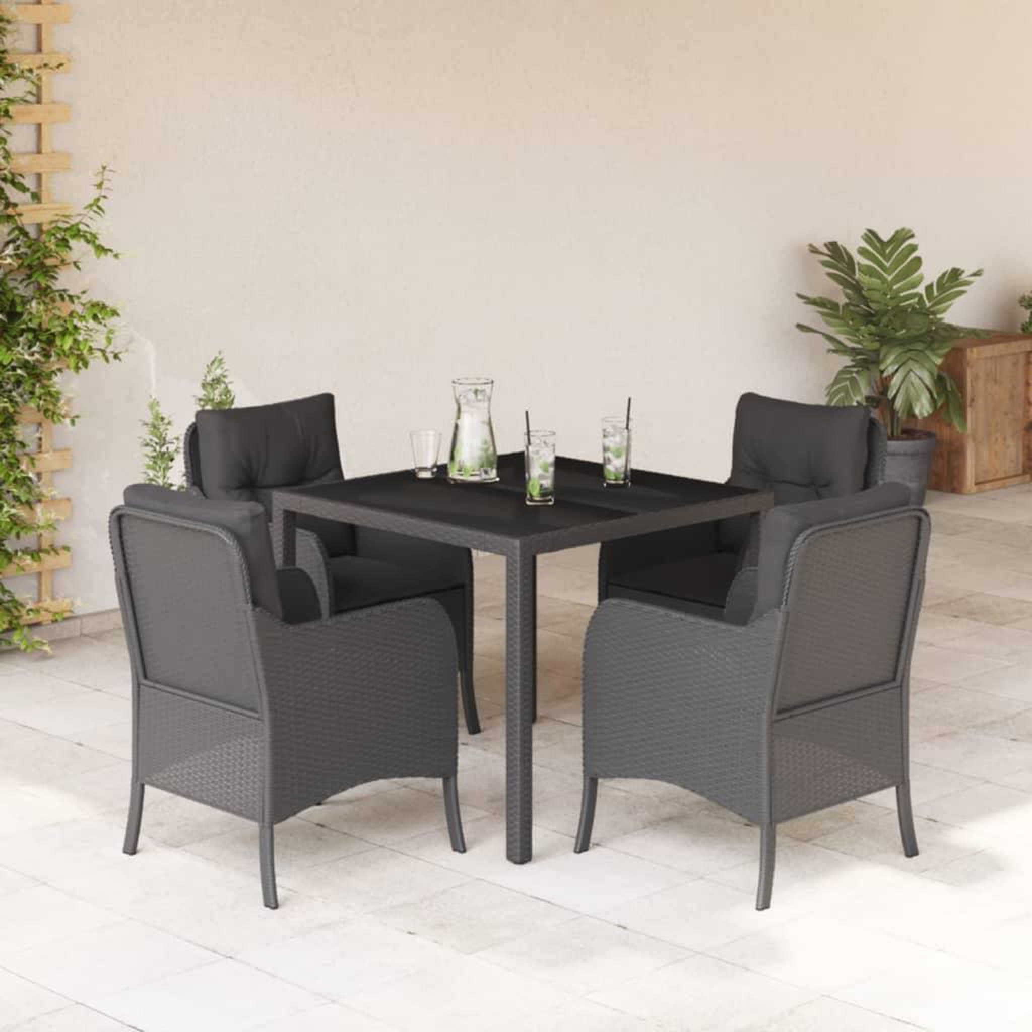 VIDAXL Ensemble a manger de jardin coussins 5pcs Noir Resine tressee