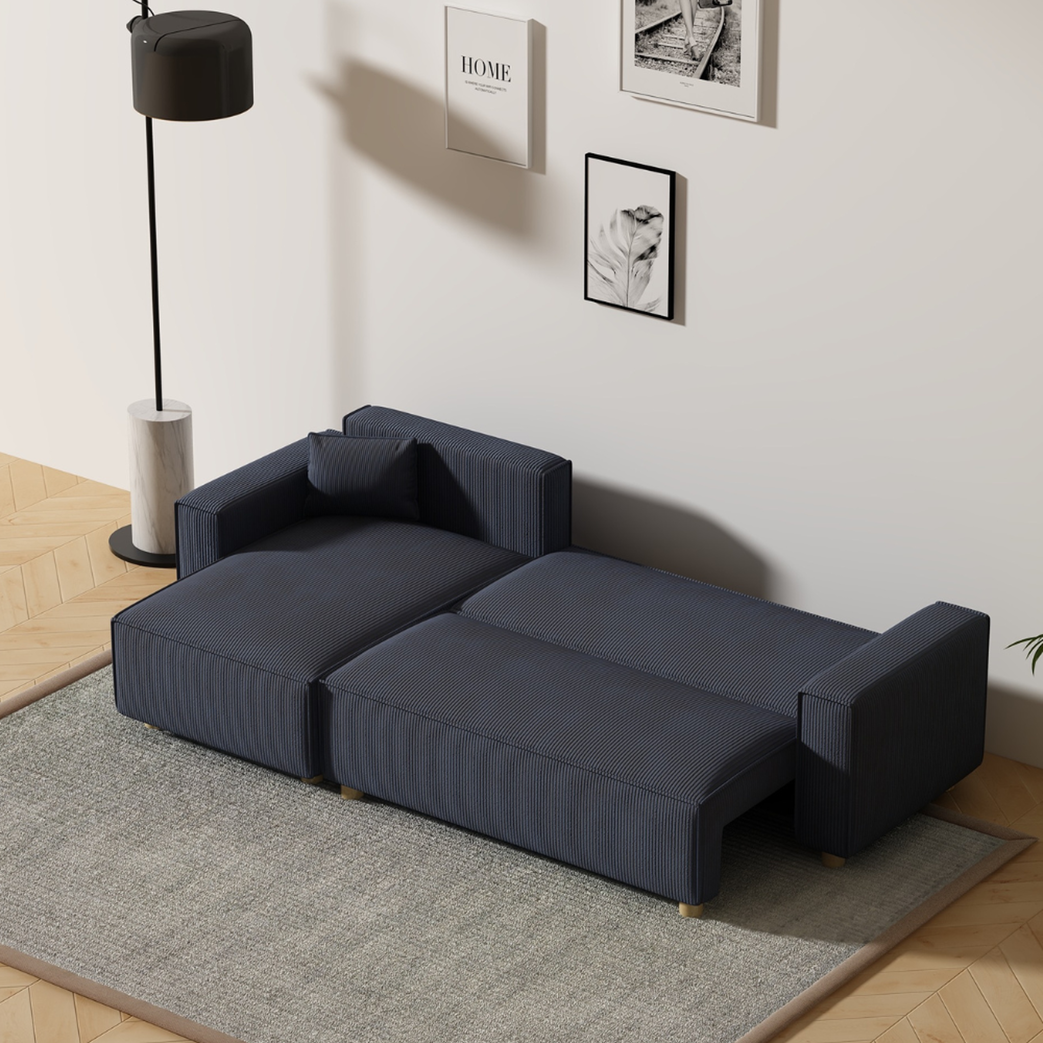 Voir la diapositive 6 : CONCEPT USINE Canapé convertible d'angle en velours côtelé bleu cosy