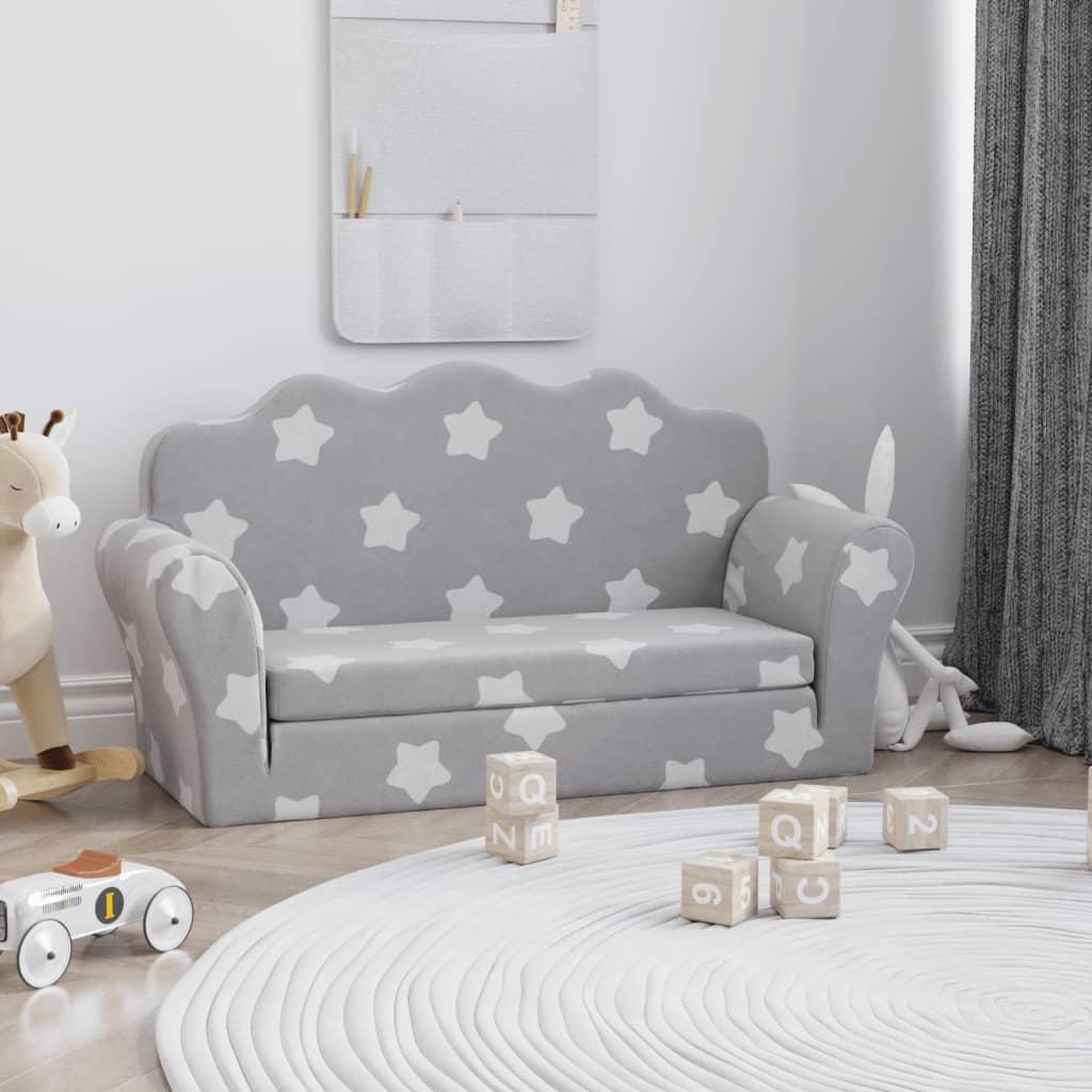 VIDAXL Canape-lit enfant 2 places gris clair etoiles peluche douce