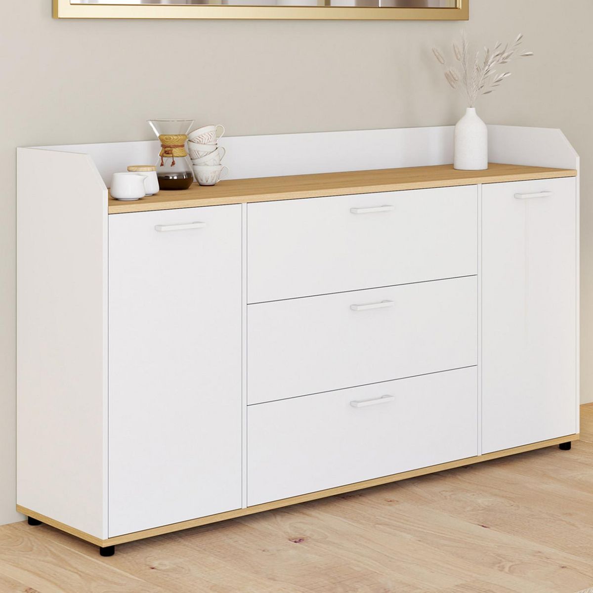 ID MARKET Buffet 140 cm JABA 4 portes avec rebord blanc et plateau bois façon hêtre