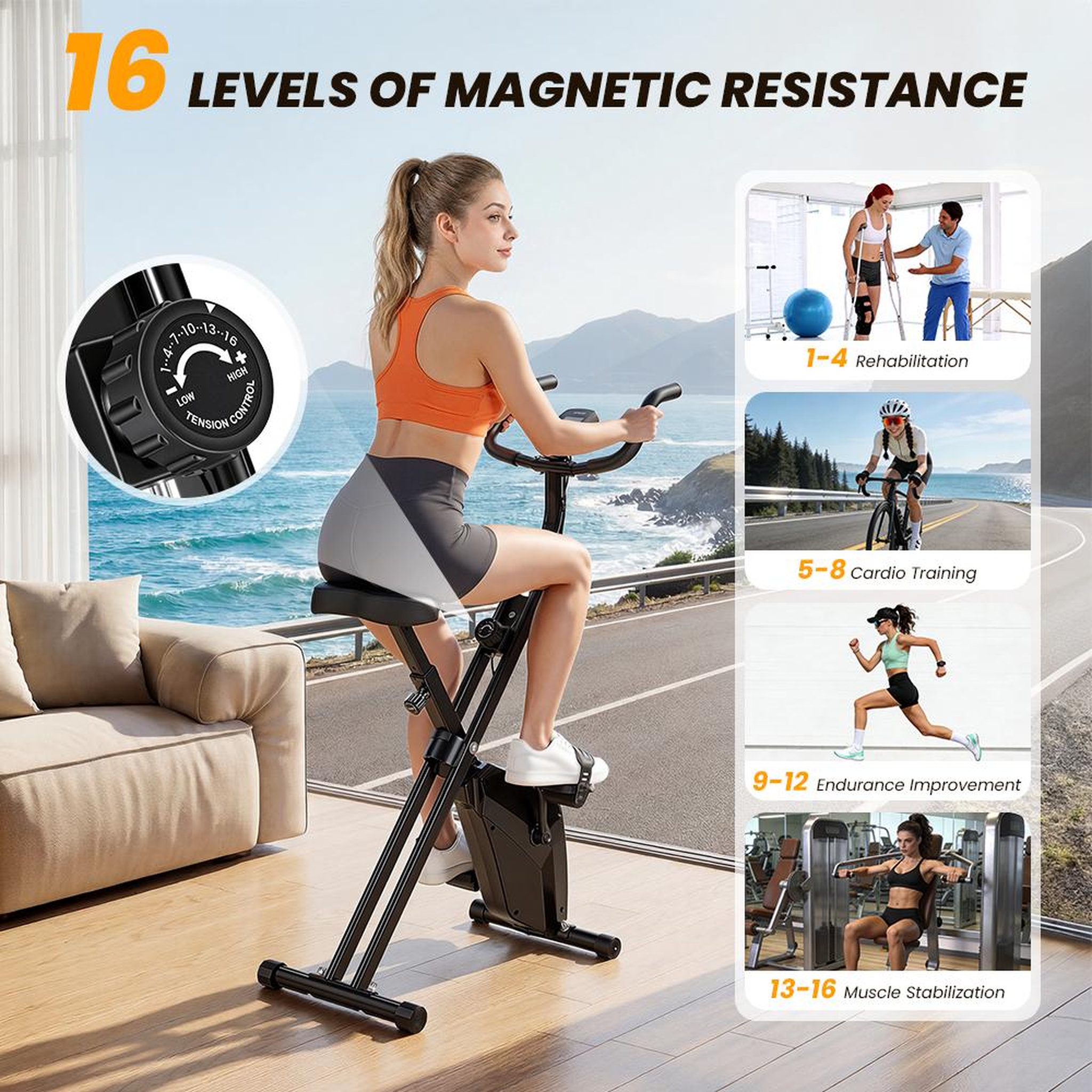 Voir la diapositive 6 : FORMILL Vélo d'exercice pliable yzj-508, 16 niveaux de résistance magnétique, vélo d'intérieur compact, selle réglable