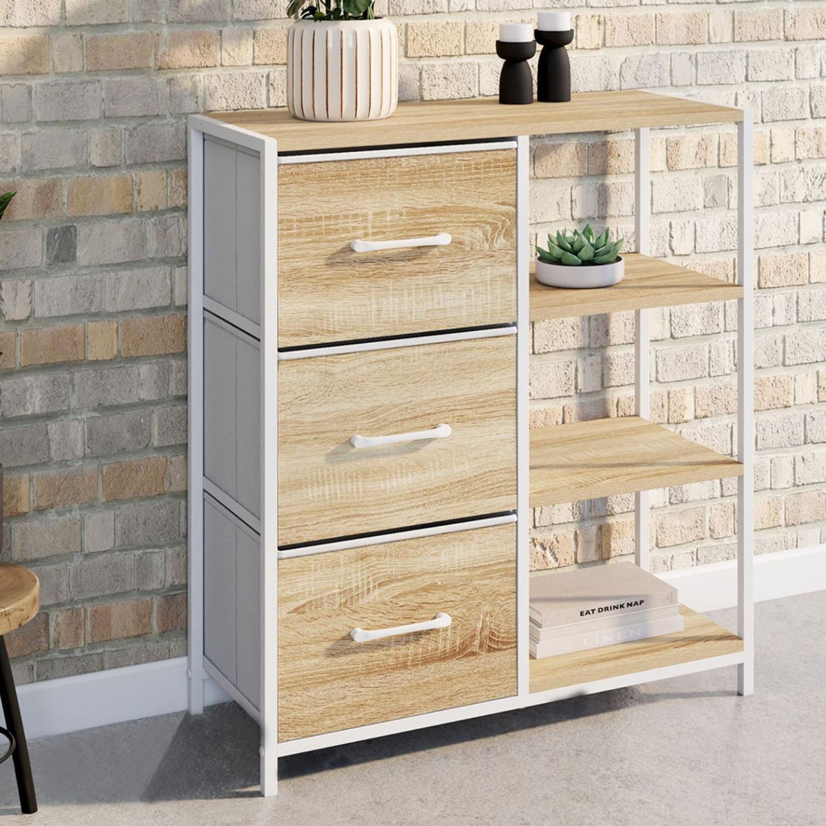 ID MARKET Buffet d'appoint 3 tiroirs et étagères 70 cm UTAH design industriel bois et blanc