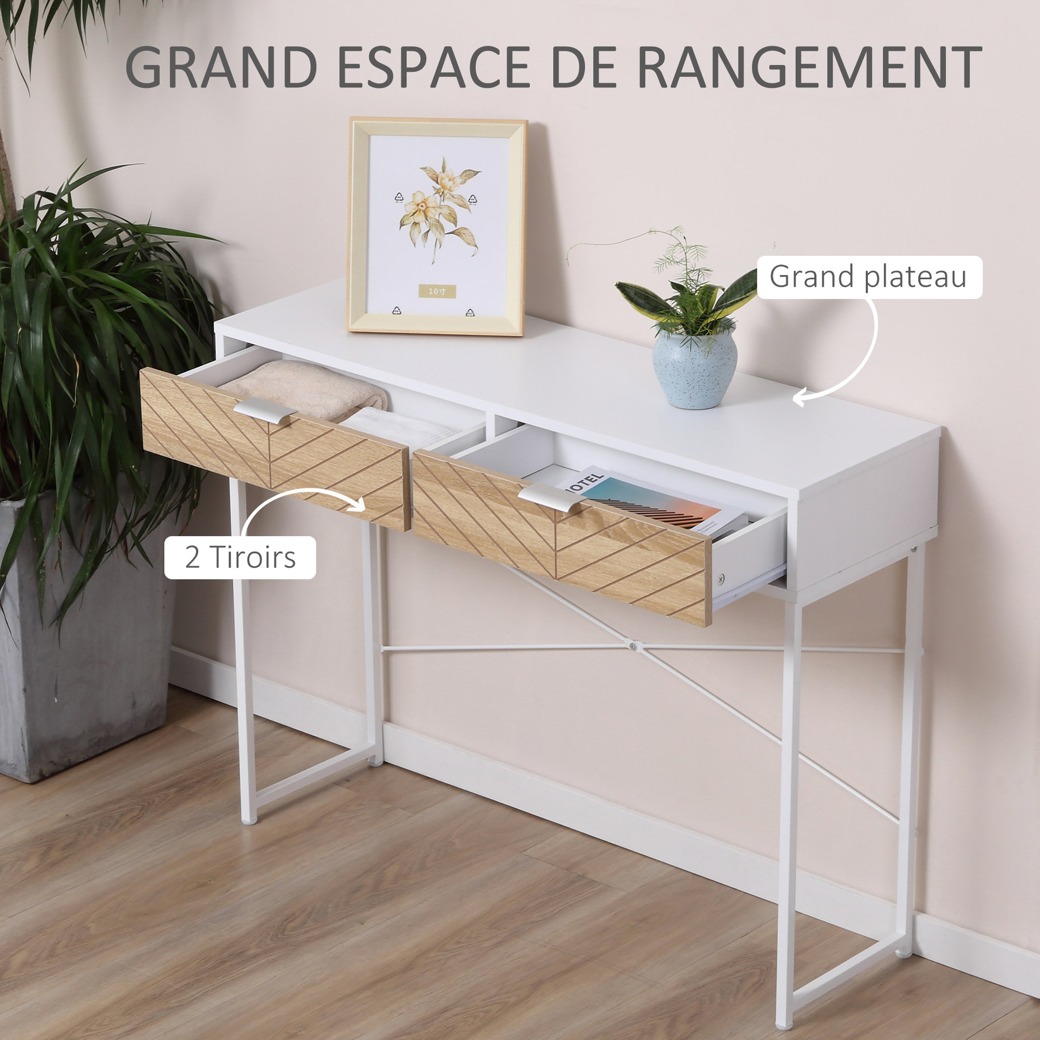 Voir la diapositive 4 : HOMCOM Table console industriel 2 tiroirs aspect bois de chêne sculpté motif à chevrons piètement métal blanc