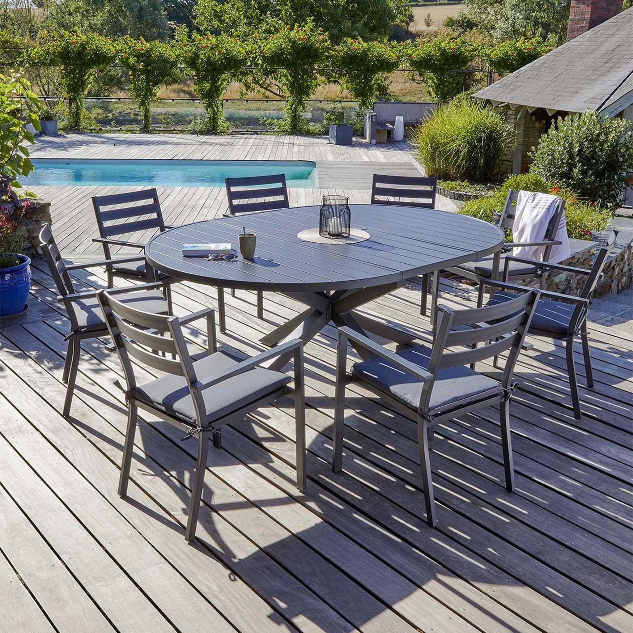 Voir la diapositive 2 : DCB GARDEN Ensemble Table de jardin Extensible & 8 Fauteuils  Pelosa  145-199cm Gris Anthracite