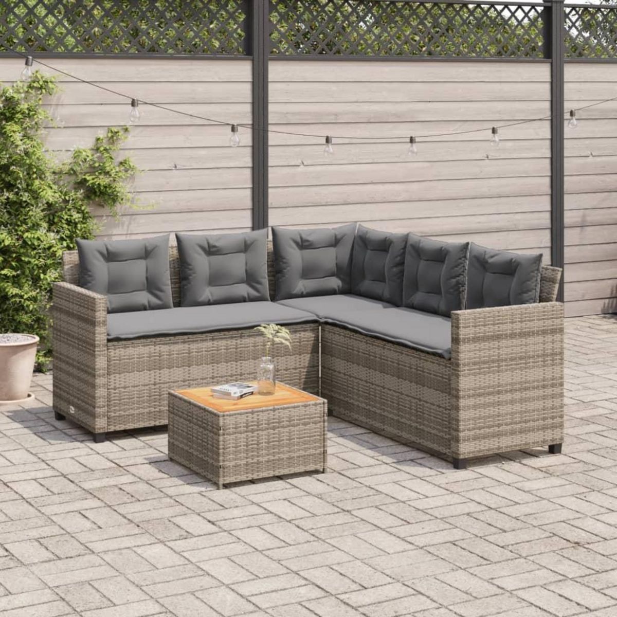 VIDAXL Canape de jardin avec table et coussins en forme de L gris