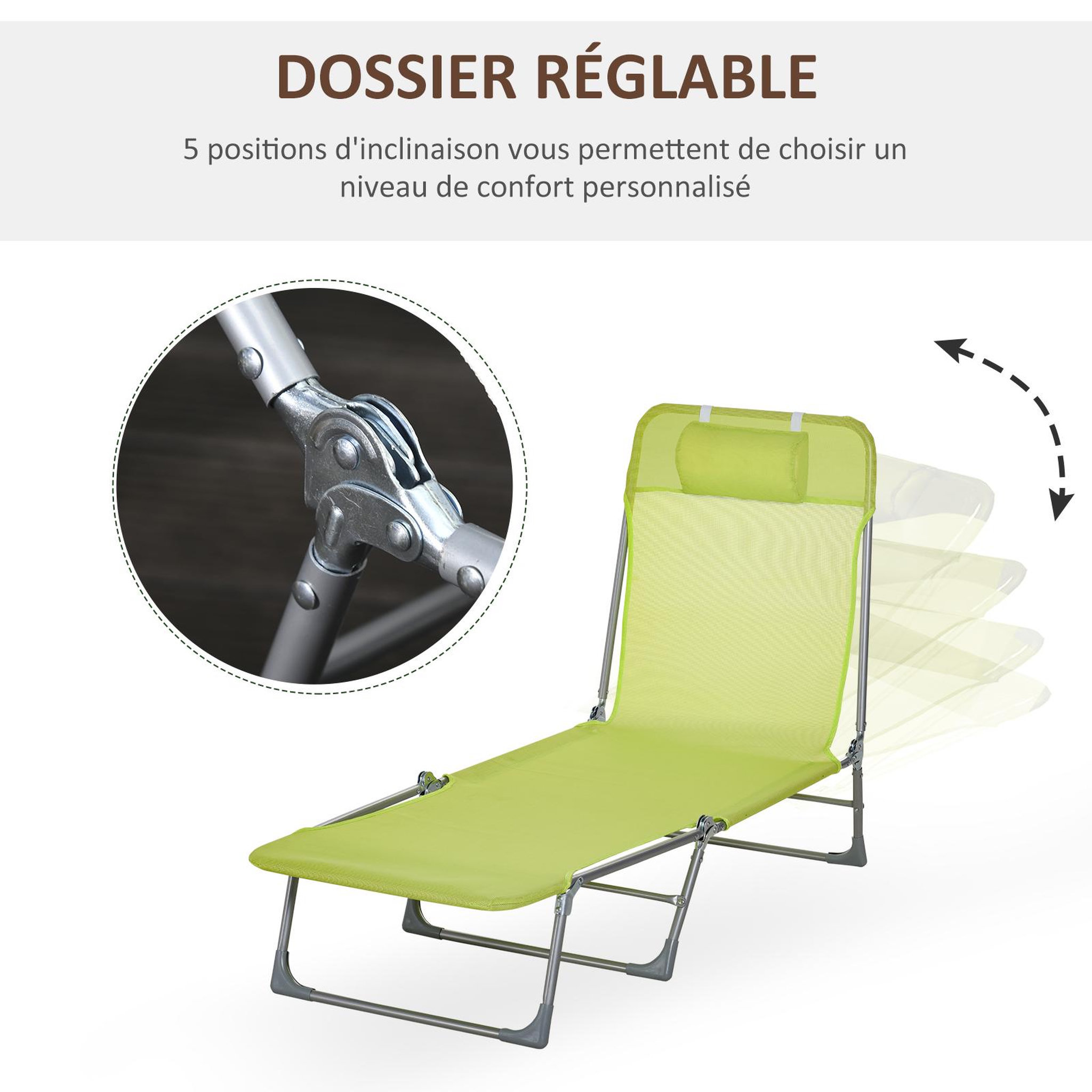 Voir la diapositive 4 : OUTSUNNY Bain de soleil transat pliable dossier réglable 5 positions acier teslin vert
