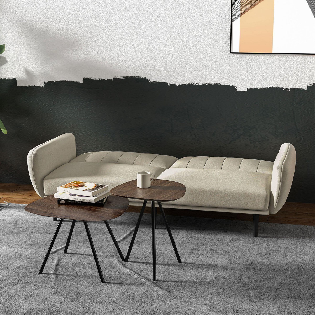 HOMCOM Canapé convertible 3 places design contemporain dossier inclinable modulable bois hévéa noir tissu grège