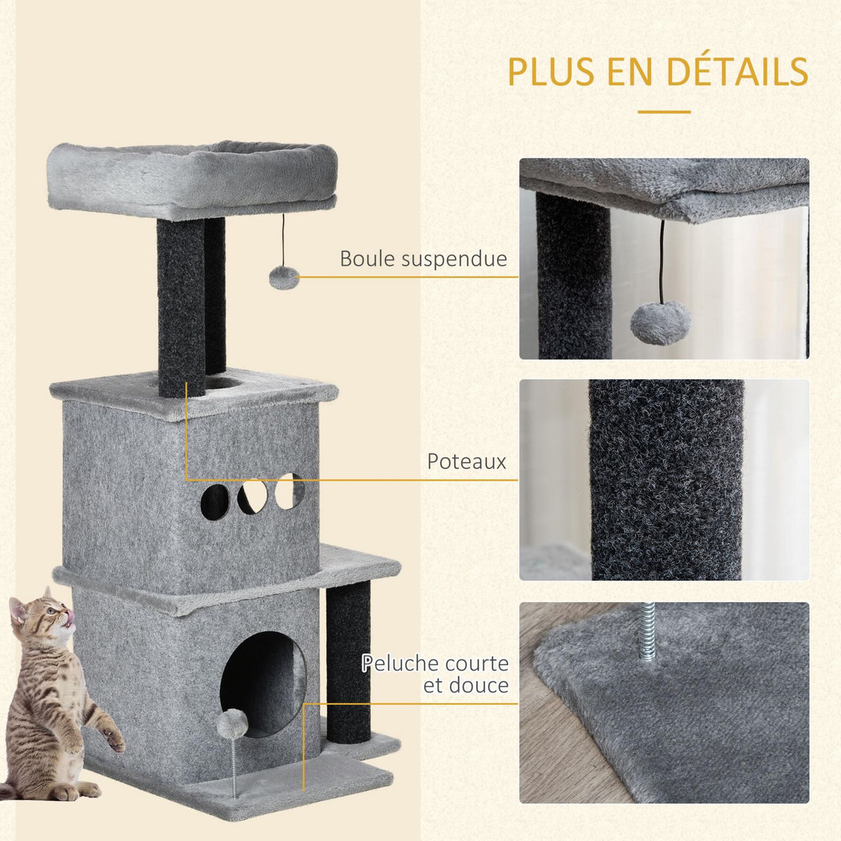 PAWHUT Arbre à chat centre d'activités griffoirs jeu boule suspendue et à ressort 2 niches housses amovibles plateformes gris