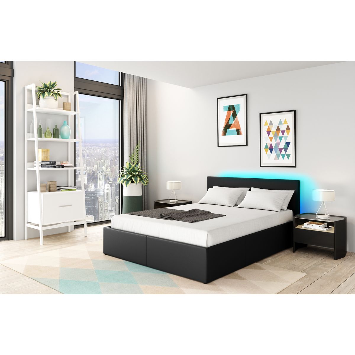 Lit coffre 160x200cm avec sommier à lattes et tête de lit LED WILLOW