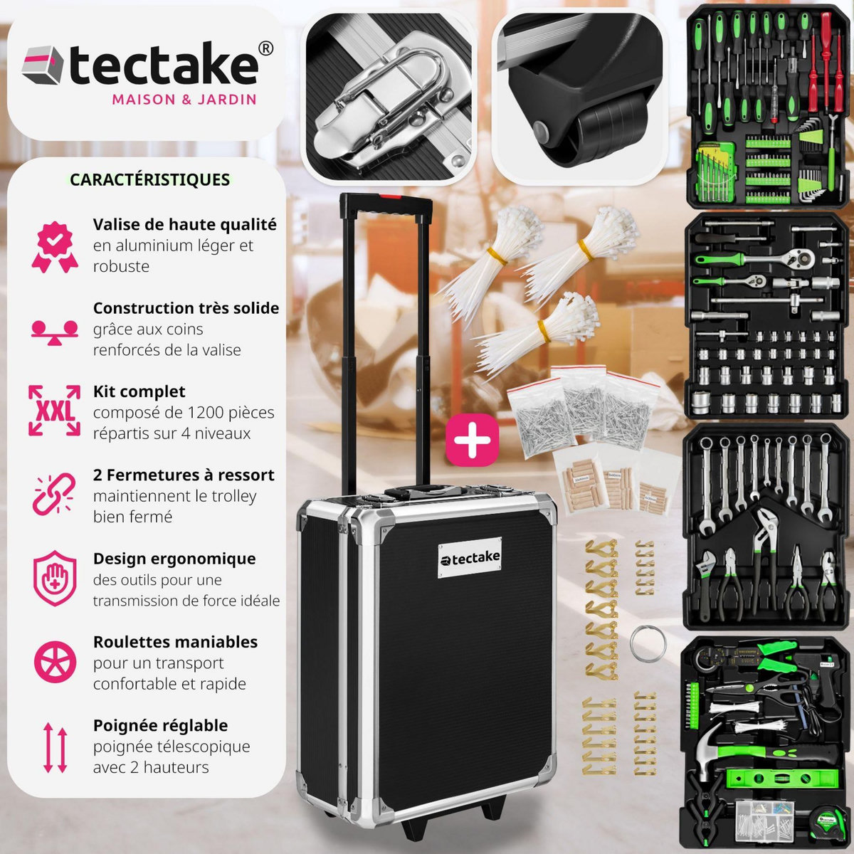 tectake Caisse à outils aluminium 1200 pièces noir