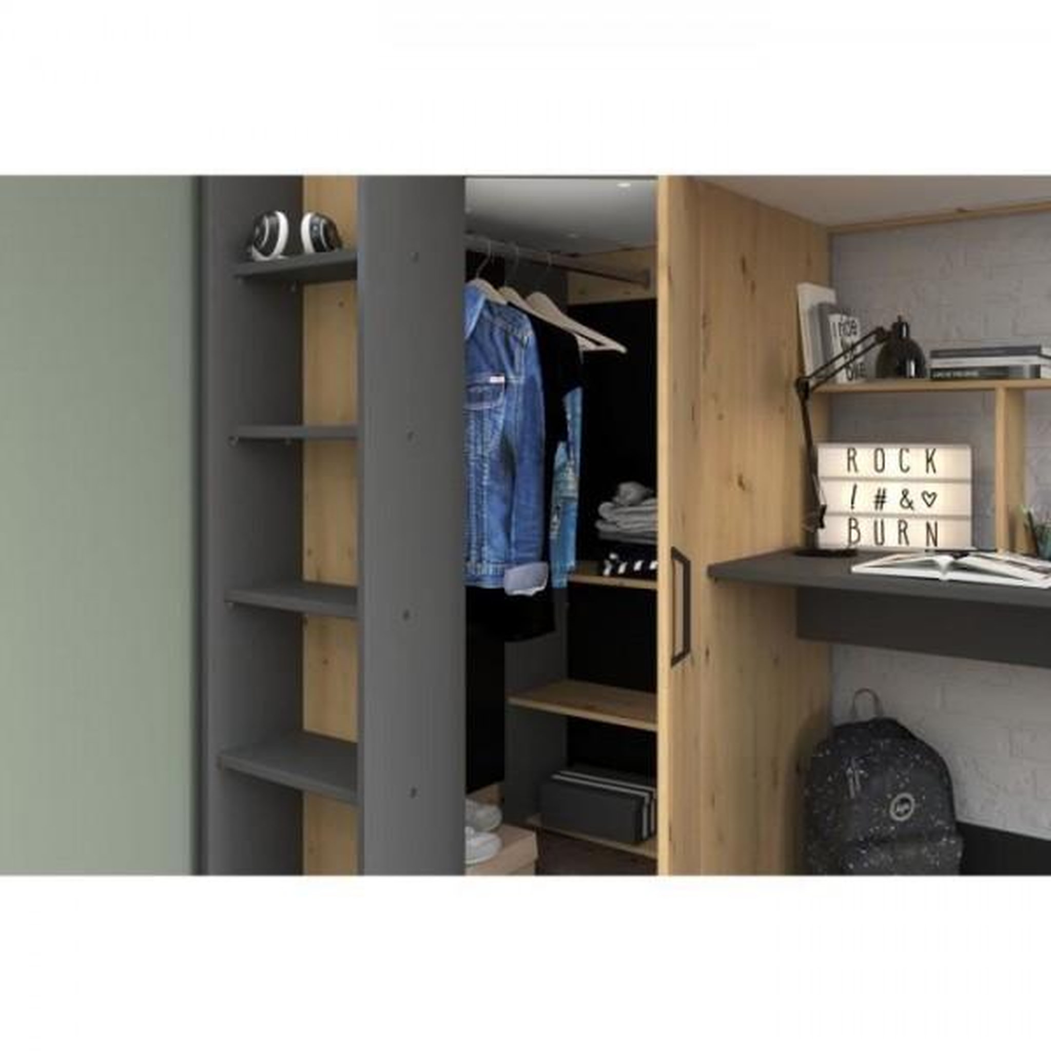 Voir la diapositive 6 : PARISOT Lit combiné mezzanine enfant PARISOT HIGH - Chene et gris - Sommier inclus - 90 x 200 cm