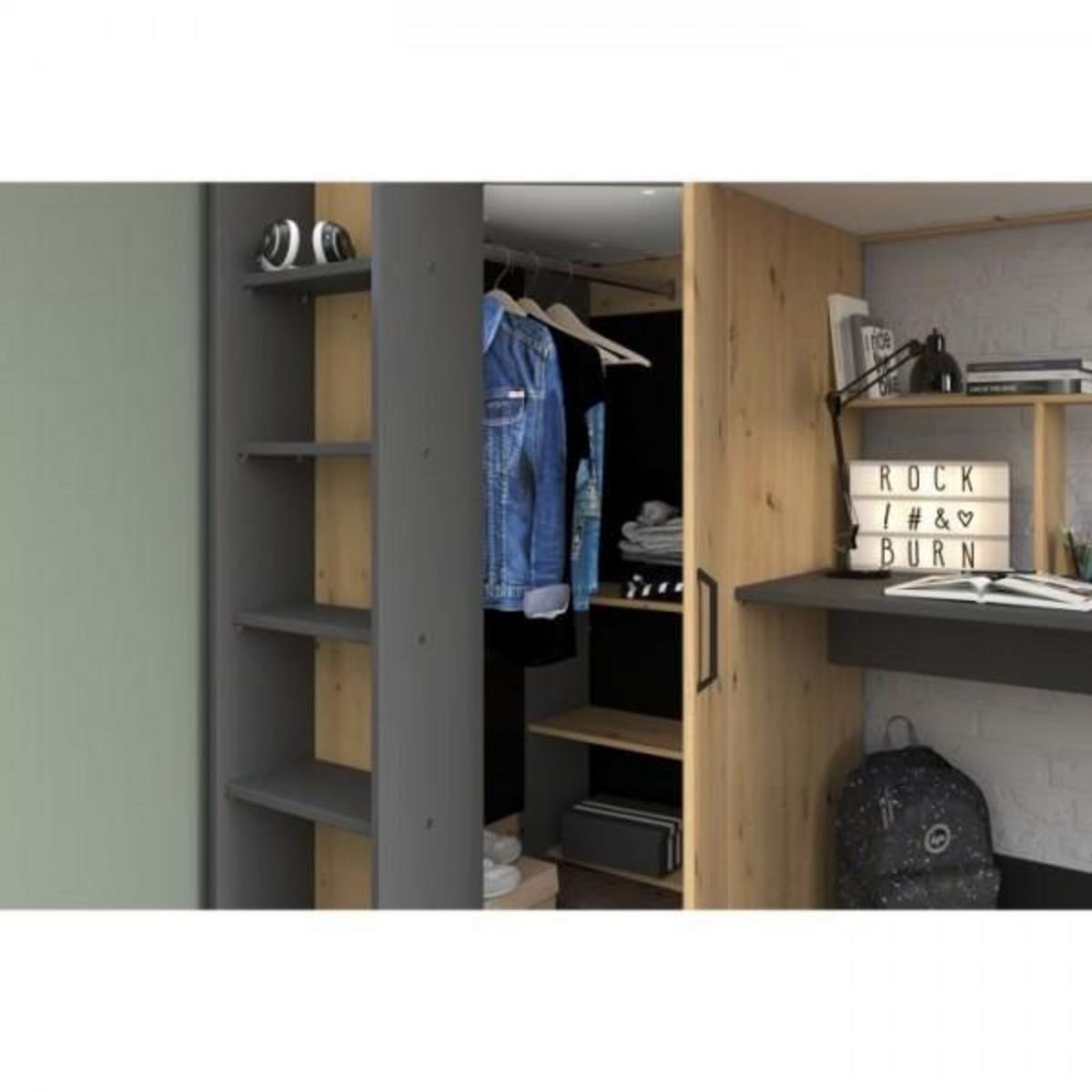 PARISOT Lit combiné mezzanine enfant PARISOT HIGH - Chene et gris - Sommier inclus - 90 x 200 cm