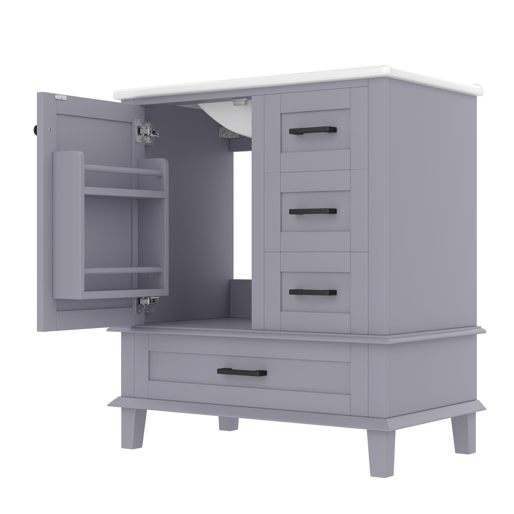 MERAX Meuble De Salle De Bain Vasque 1 Porte Et 3 Tiroirs Gris