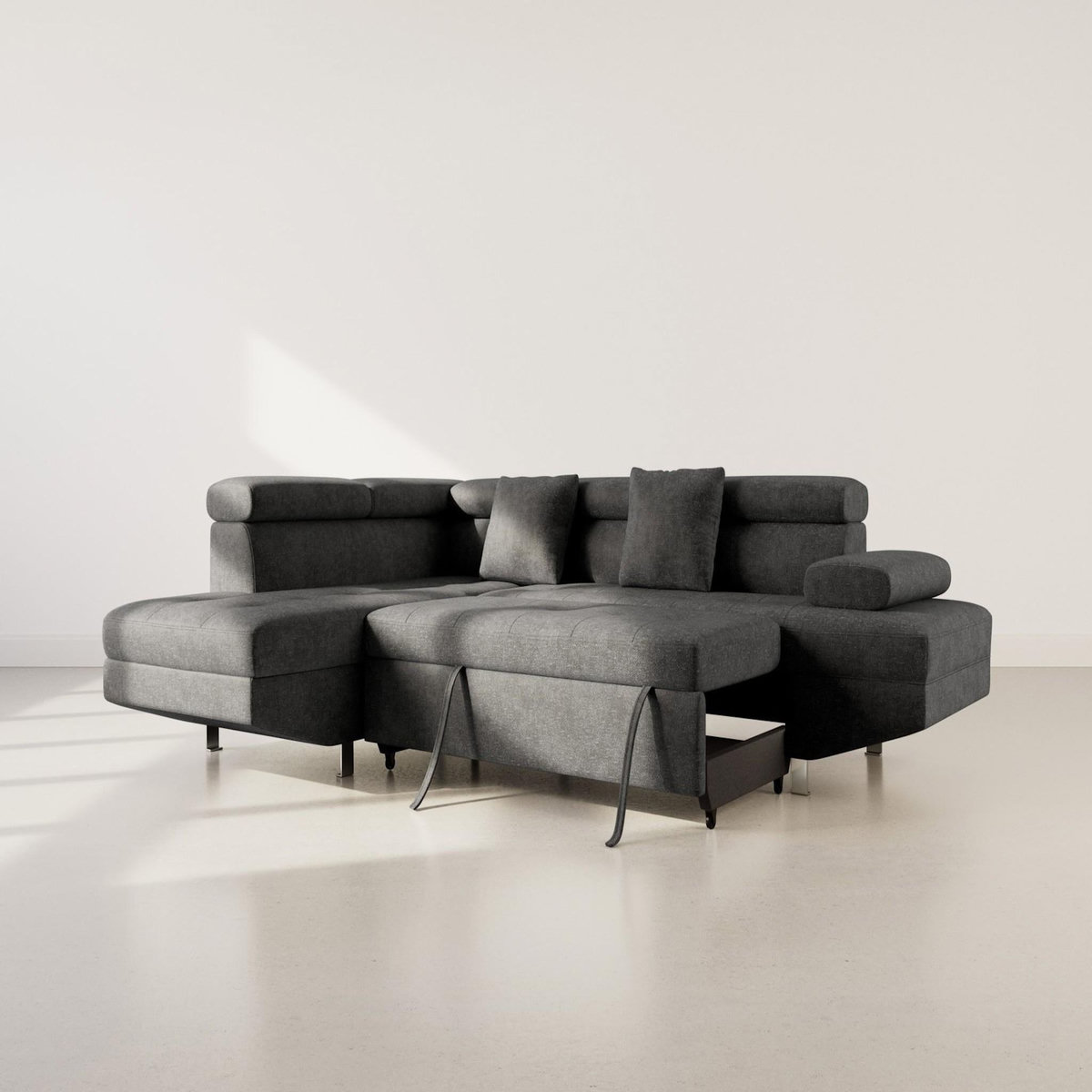 BEST MOBILIER Margaux - canapé d'angle gauche 5 places convertible avec coffre et têtières réglables en velours texturé
