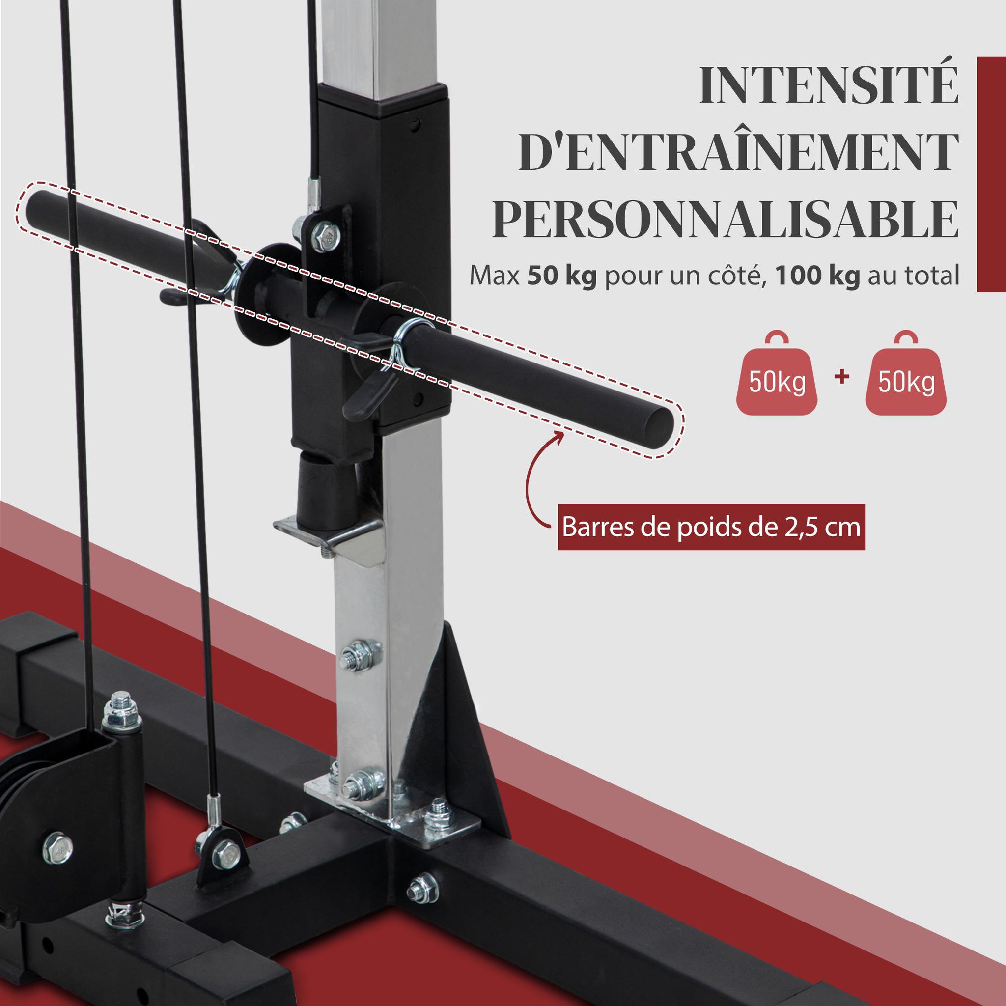 Voir la diapositive 5 : HOMCOM Appareil de musculation double poulie vis à vis crossover - charge libre avec haltère 2 x 50 kg - acier gris noir