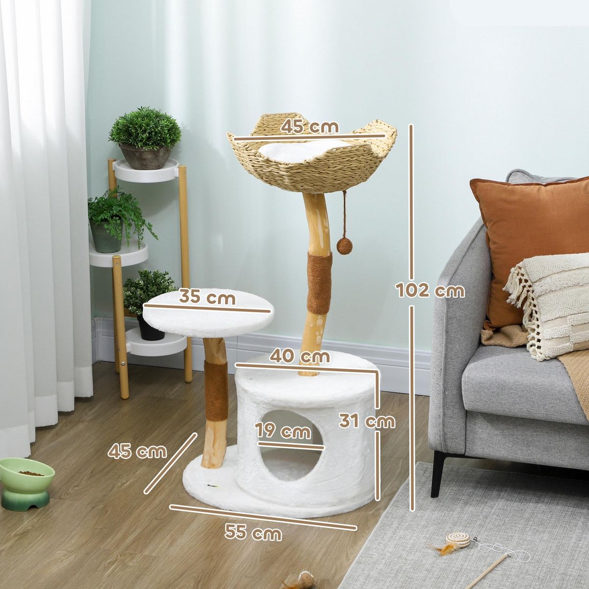 PAWHUT Arbre à chat bois design naturel griffoirs boule chanvre panier observation tressé coussin niche