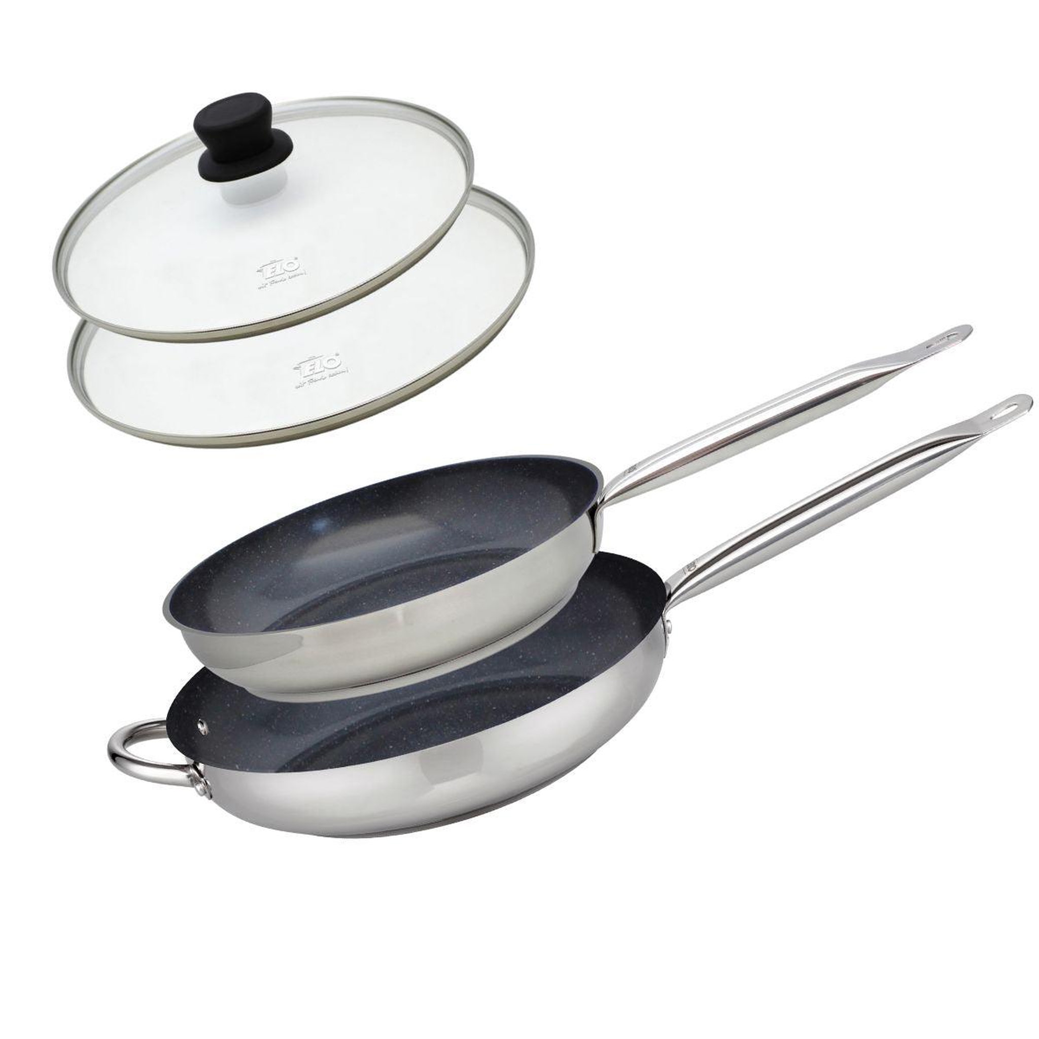 ELO Set de 2 poêles 28 et 32 cm céramique sans pfas et 2 couvercles en verre profi therm platinum elo