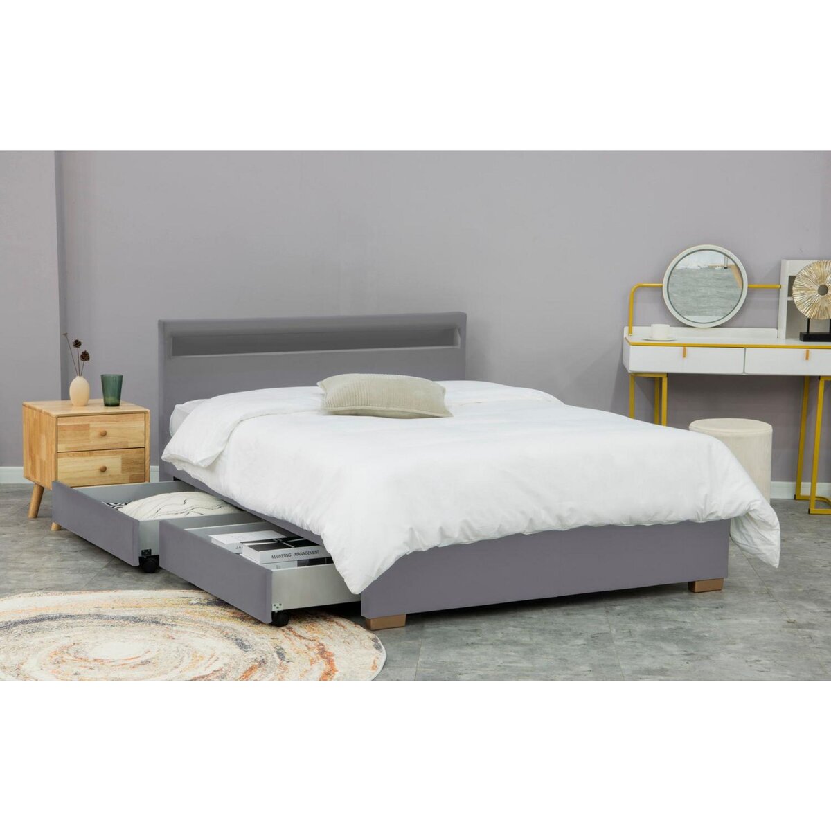 CONCEPT USINE Structure de lit en velours gris avec rangements et LED intégrées 160x200 cm ENFIELD