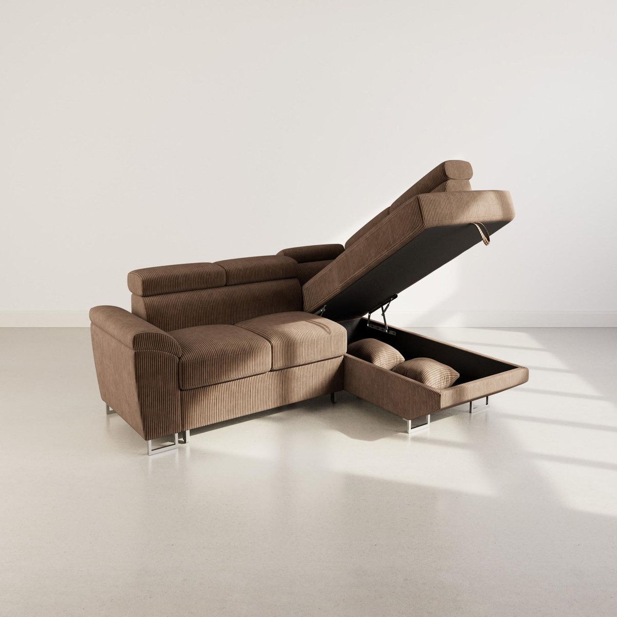 BEST MOBILIER Baoji - canapé d'angle droit 5 places convertible avec têtières et coffre en velours côtelé