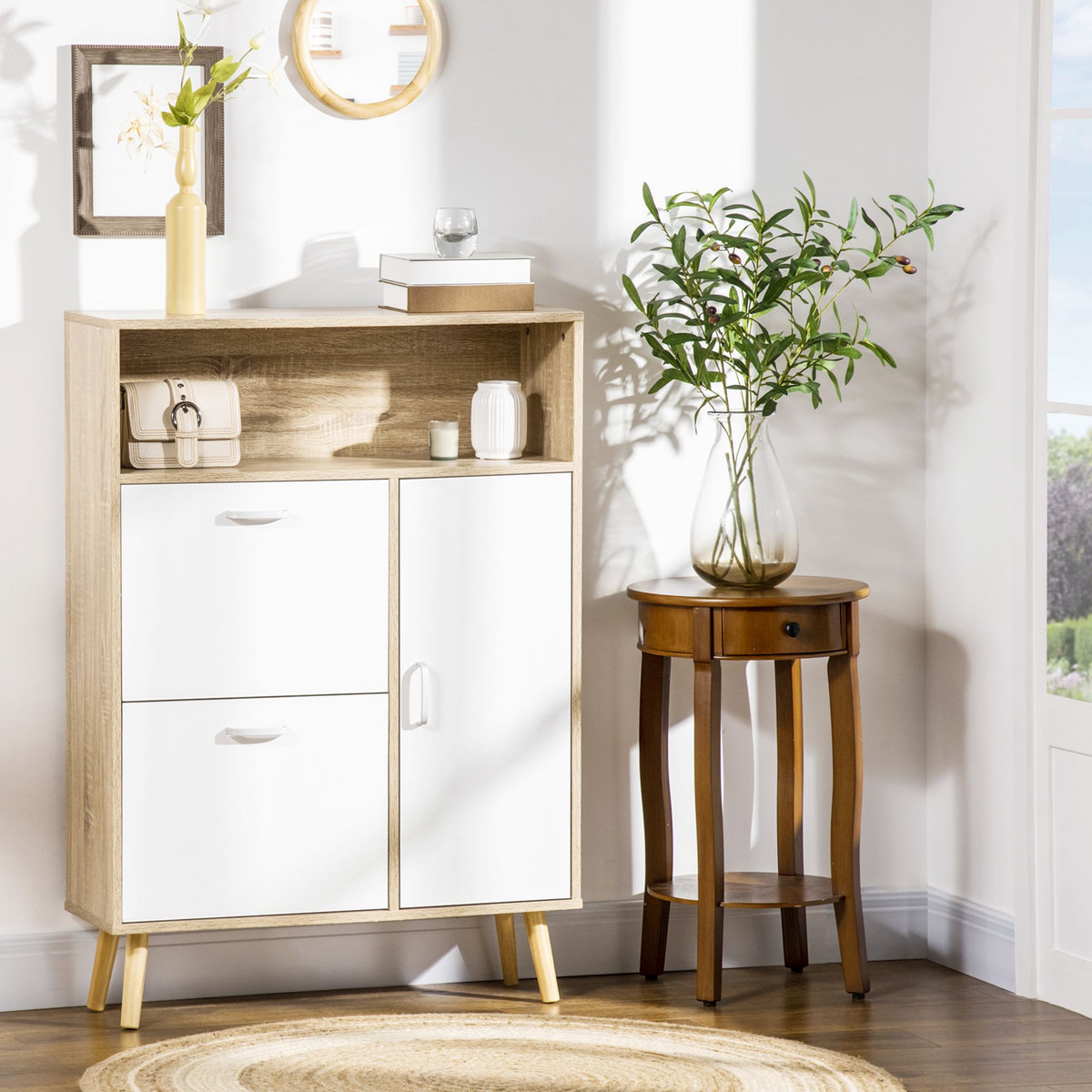 HOMCOM Meuble à chaussures design scandinave placard 3 portes 3 étagères niche piètement effilé incliné bois panneaux aspect chêne clair