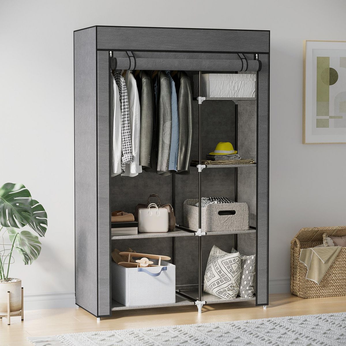 HOMCOM Armoire penderie multi-rangement - 6 étagères, 1 barre - dim. 103L x 43l x 162,5H cm - acier noir non tissé gris