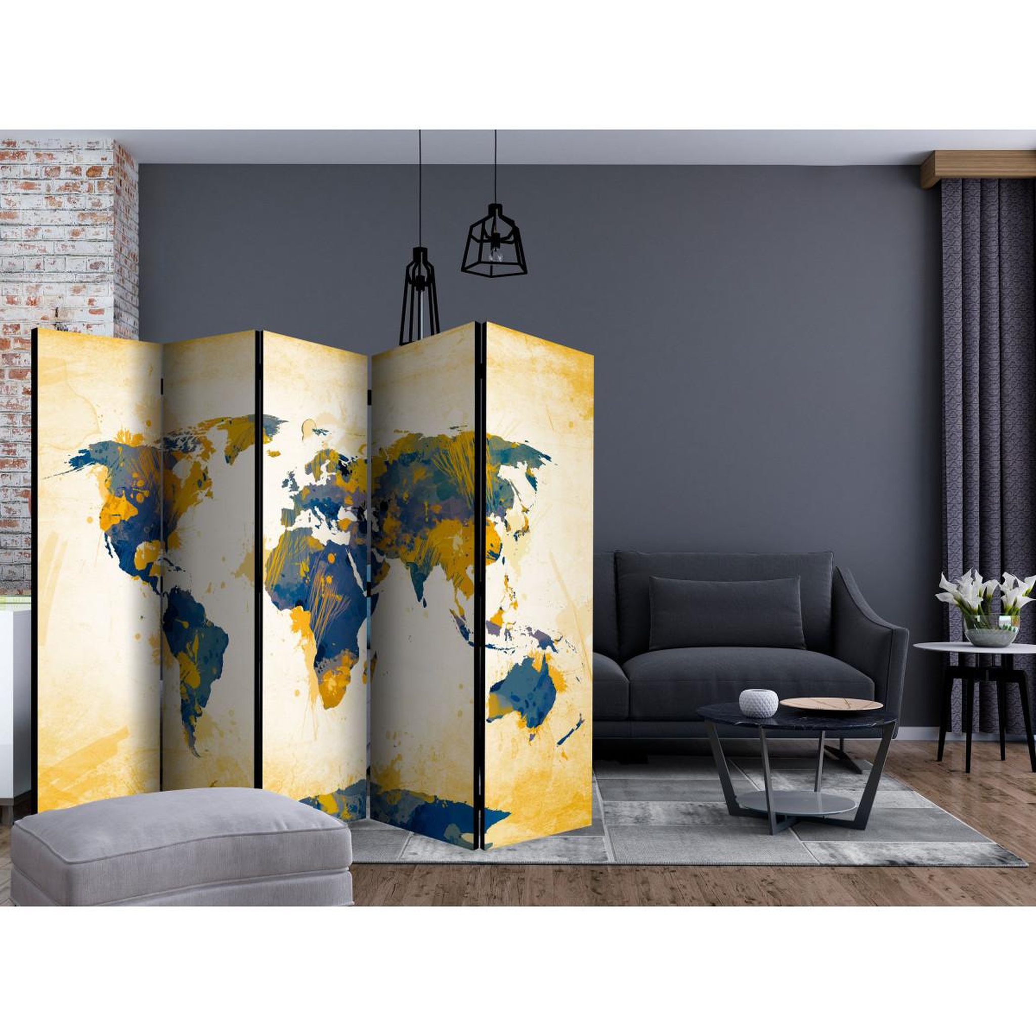 Voir la diapositive 2 : Paris Prix Paravent 5 volets  map of the world sun & sky  172x225cm