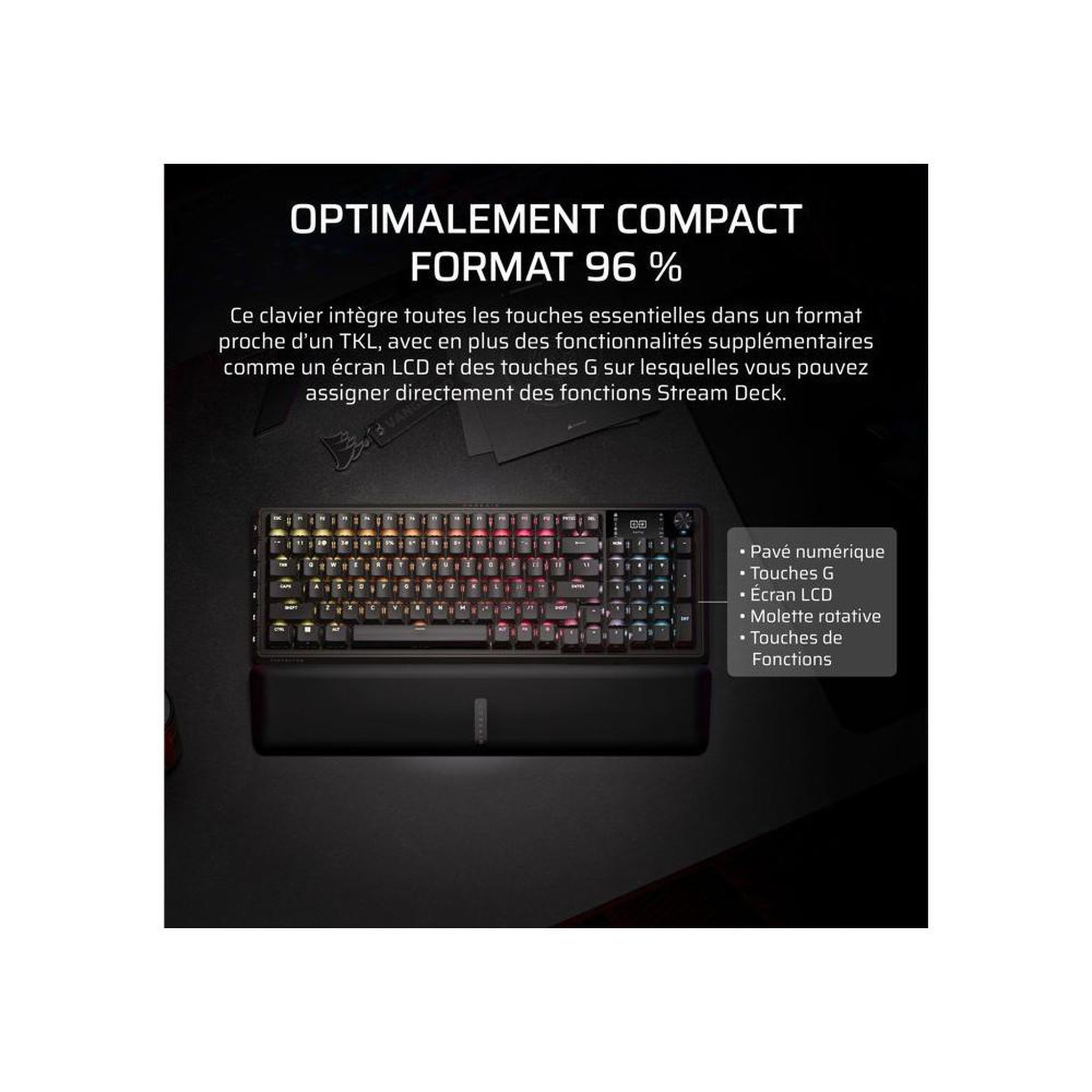 Voir la diapositive 4 : Corsair Clavier gamer mécanique sans fil 96% AZERTY noir MLX Plasma hot-swap avec écran LCD, per-key RGB 16,8 M et molette, tri-mode 2,4 GHz Bluetooth USB-C