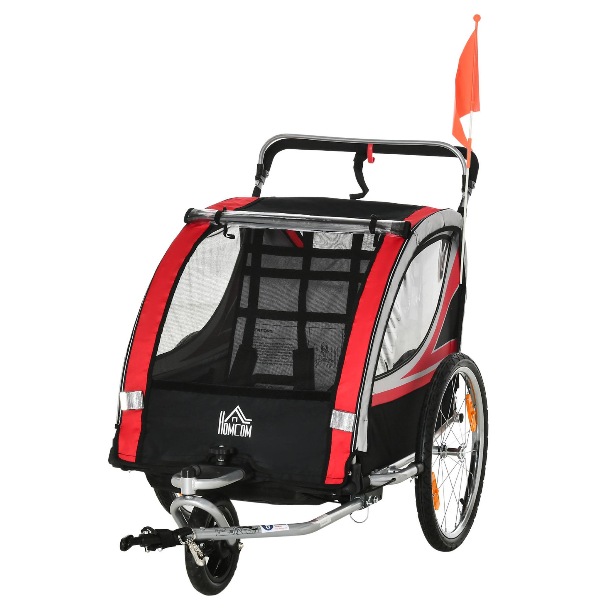 HOMCOM Remorque vélo jogger 2 en 1 pour enfant drapeau roue avant pivotante réflecteurs et barre d'attelage inclus rouge noir
