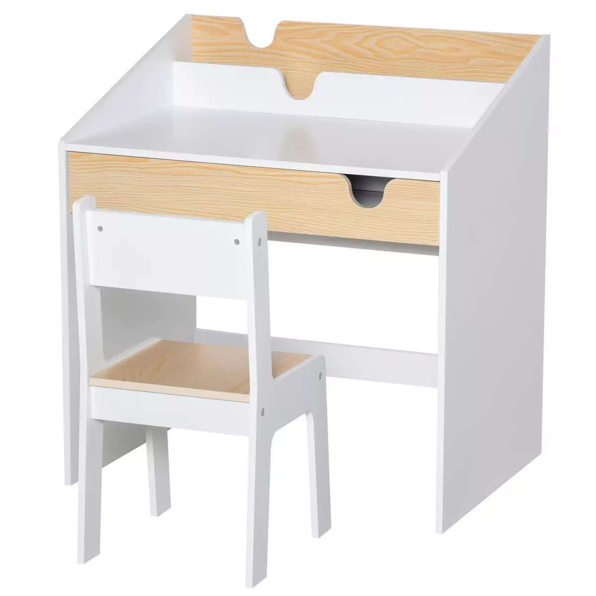 HOMCOM Bureau enfant style scandinave - ensemble bureau et chaise - tiroir coulissant, présentoir livres - MDF blanc aspect bois de pin