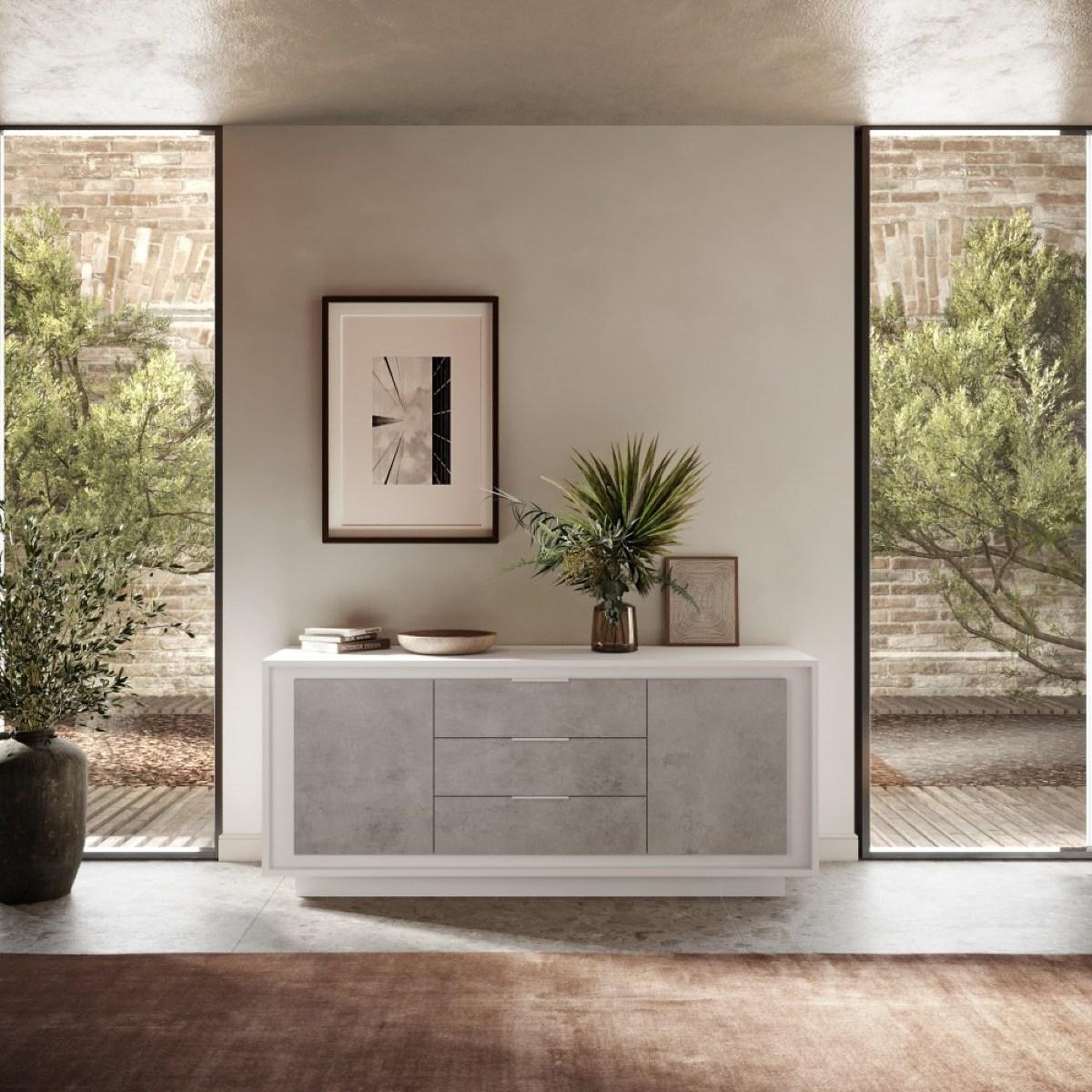 Voir la diapositive 2 : JLC KREATION Buffet bas blanc et gris béton 2 portes-3 tiroirs 180cm yori